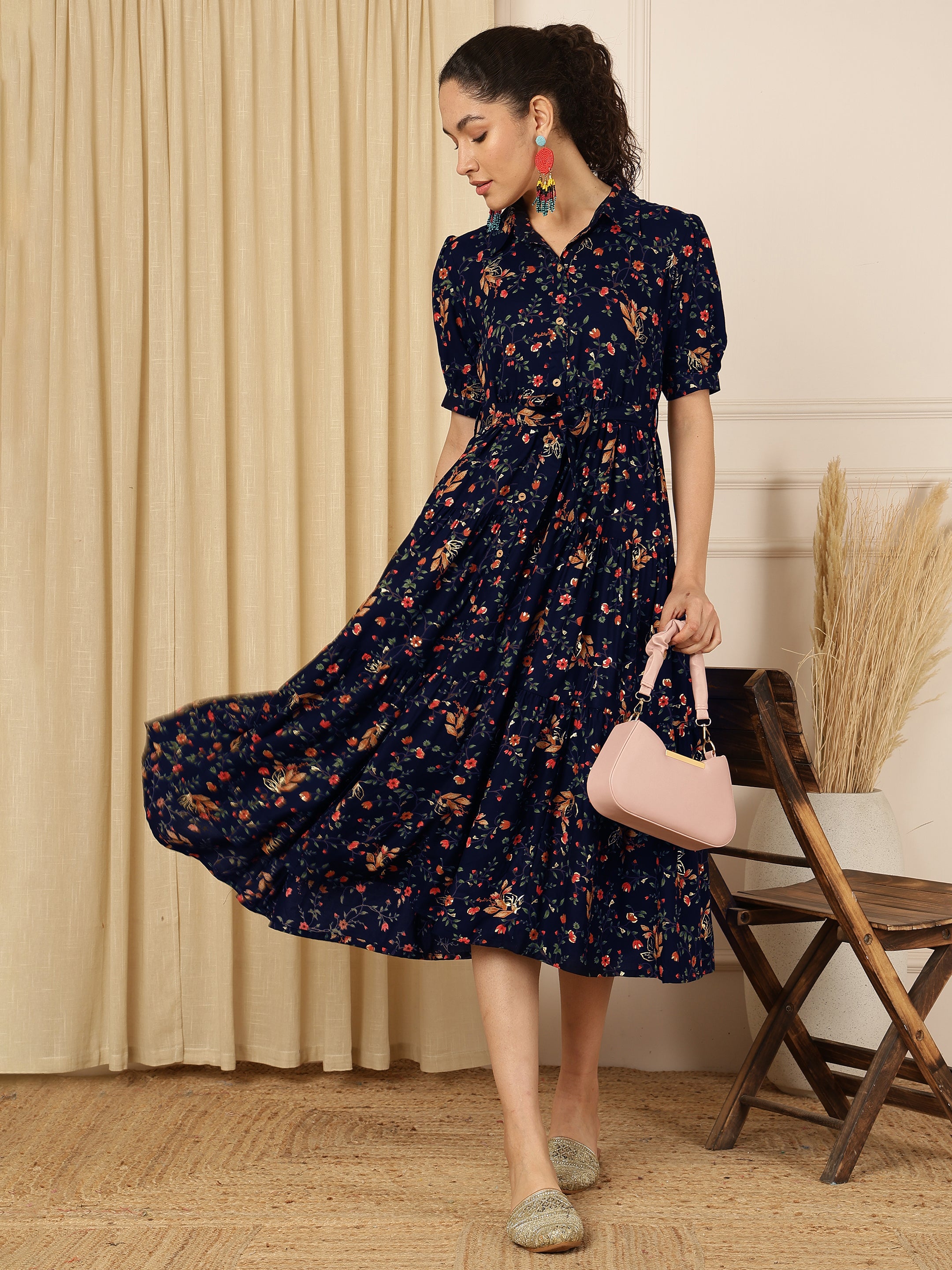 Midnight Navy Floral Printed Tiered Midi Dress