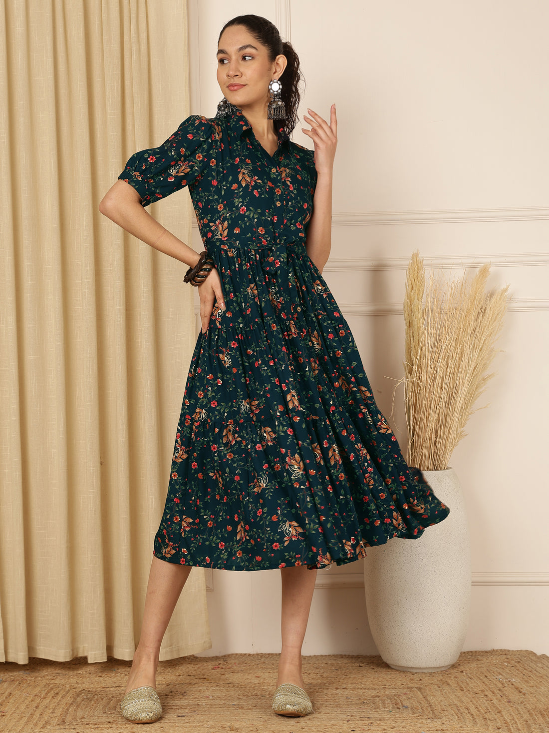 Midnight Teal Floral Printed Tiered Midi Dress