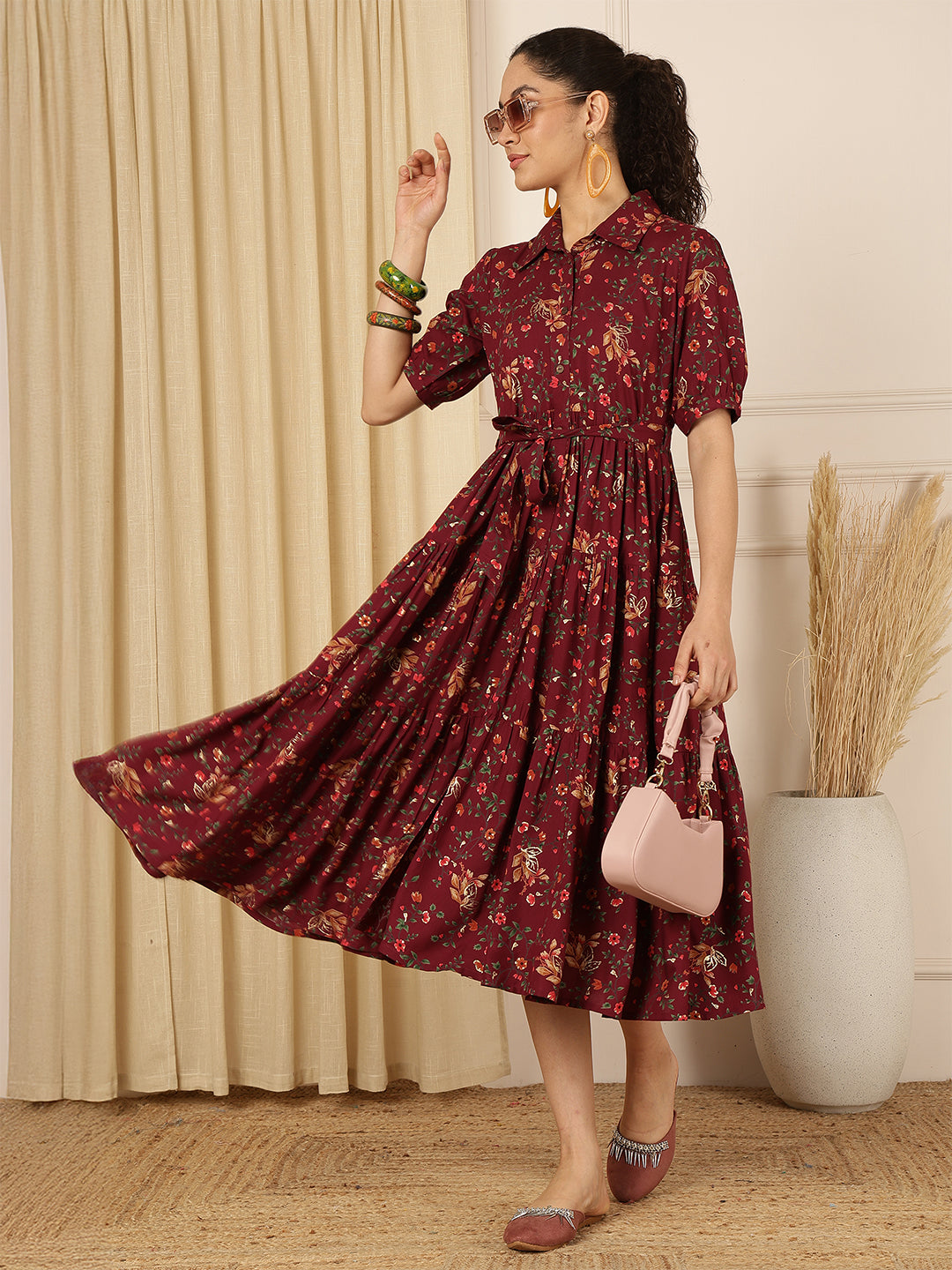 Wine Floral Printed Tiered Midi Dress