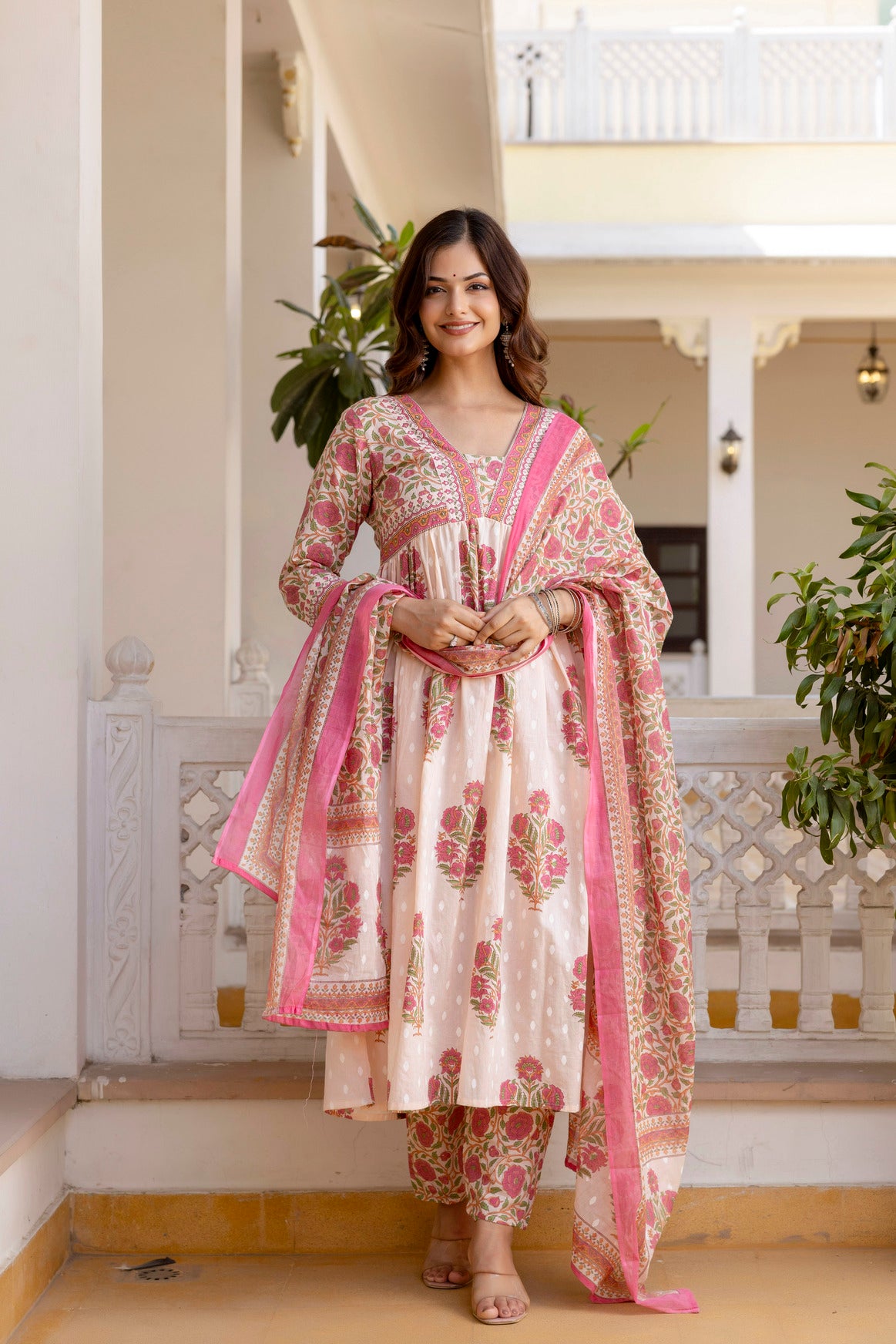 Blush Pink Floral Printed Anarkali Kurta Set