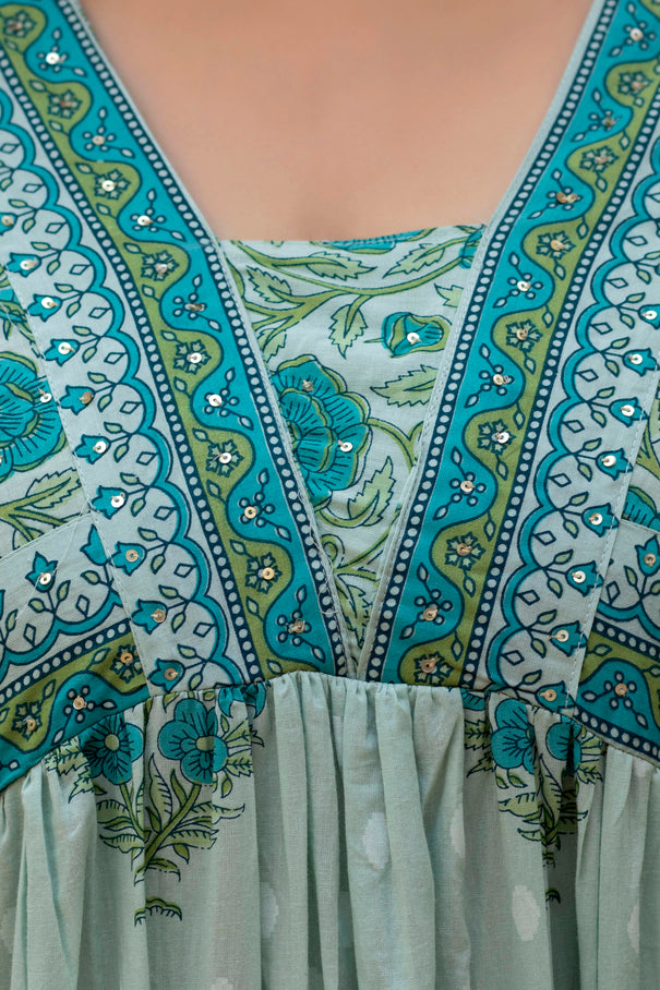 Aqua Blue Floral Printed Anarkali Kurta Set with Dupatta