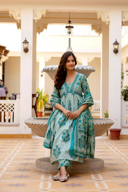 Aqua Blue Floral Printed Anarkali Kurta Set with Dupatta