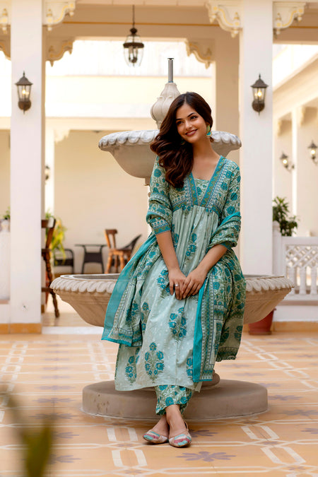 Aqua Blue Floral Printed Anarkali Kurta Set with Dupatta