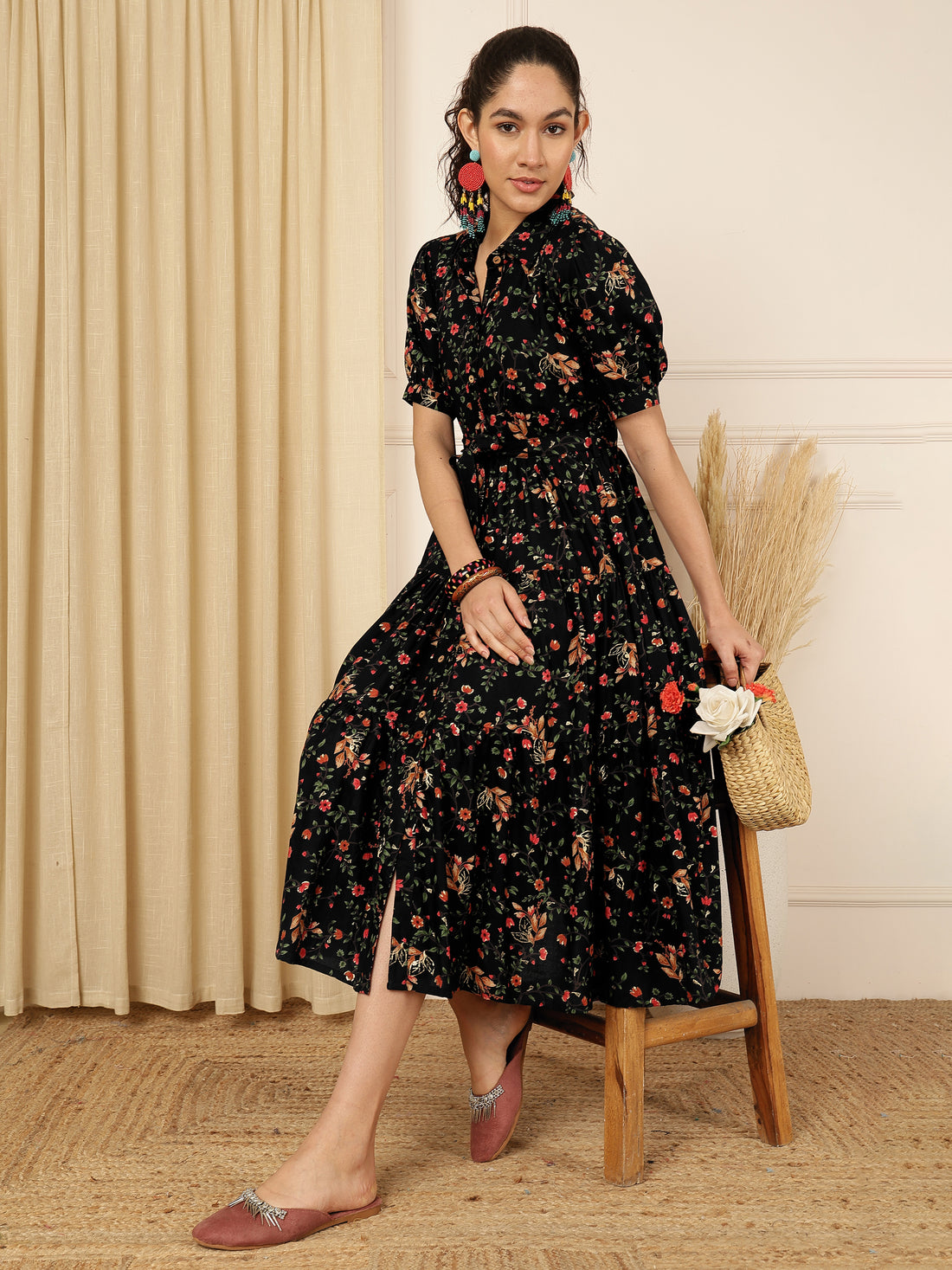 Classic Black Floral Printed Tiered Midi Dress
