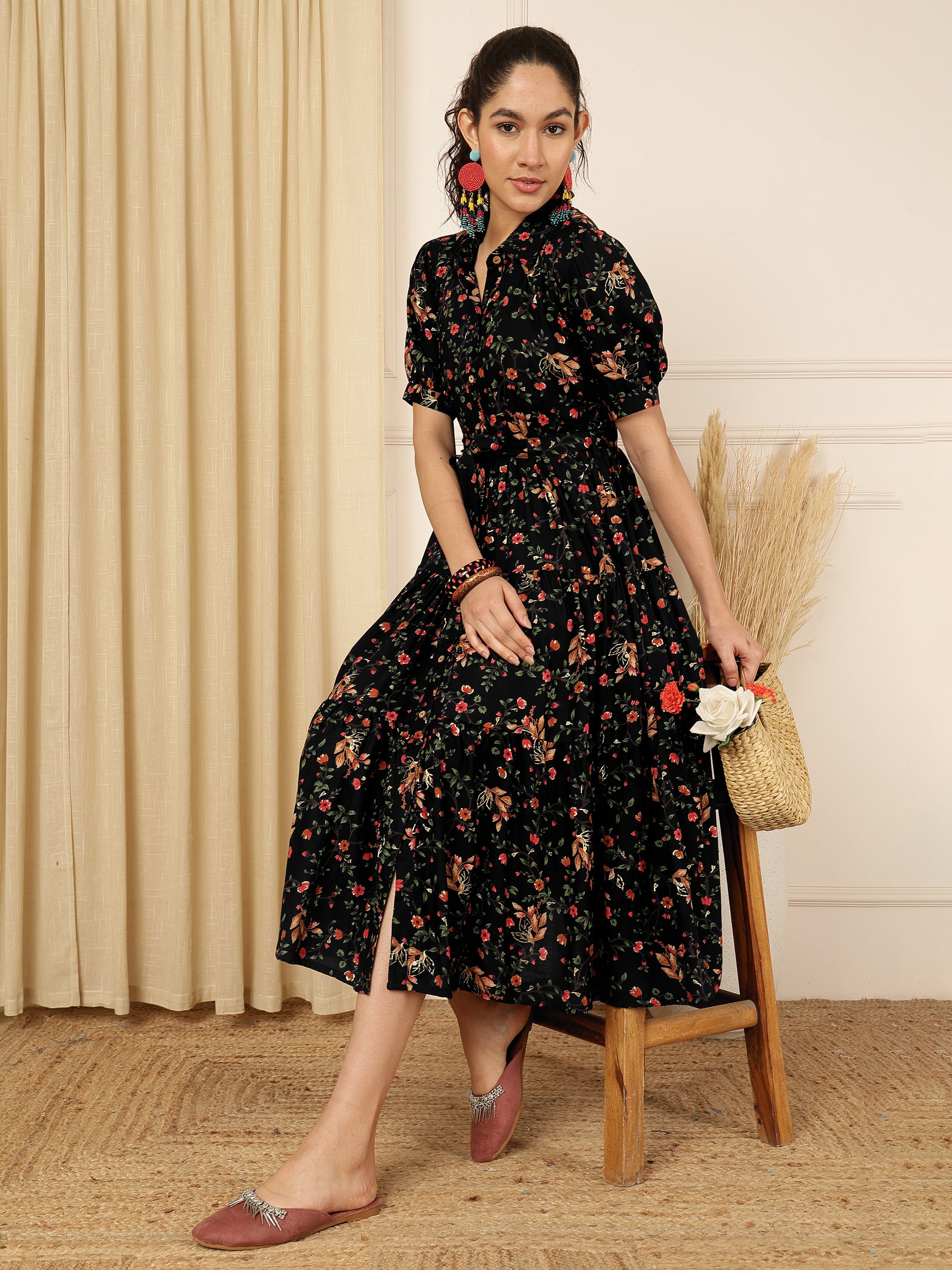 Classic Black Floral Printed Tiered Midi Dress