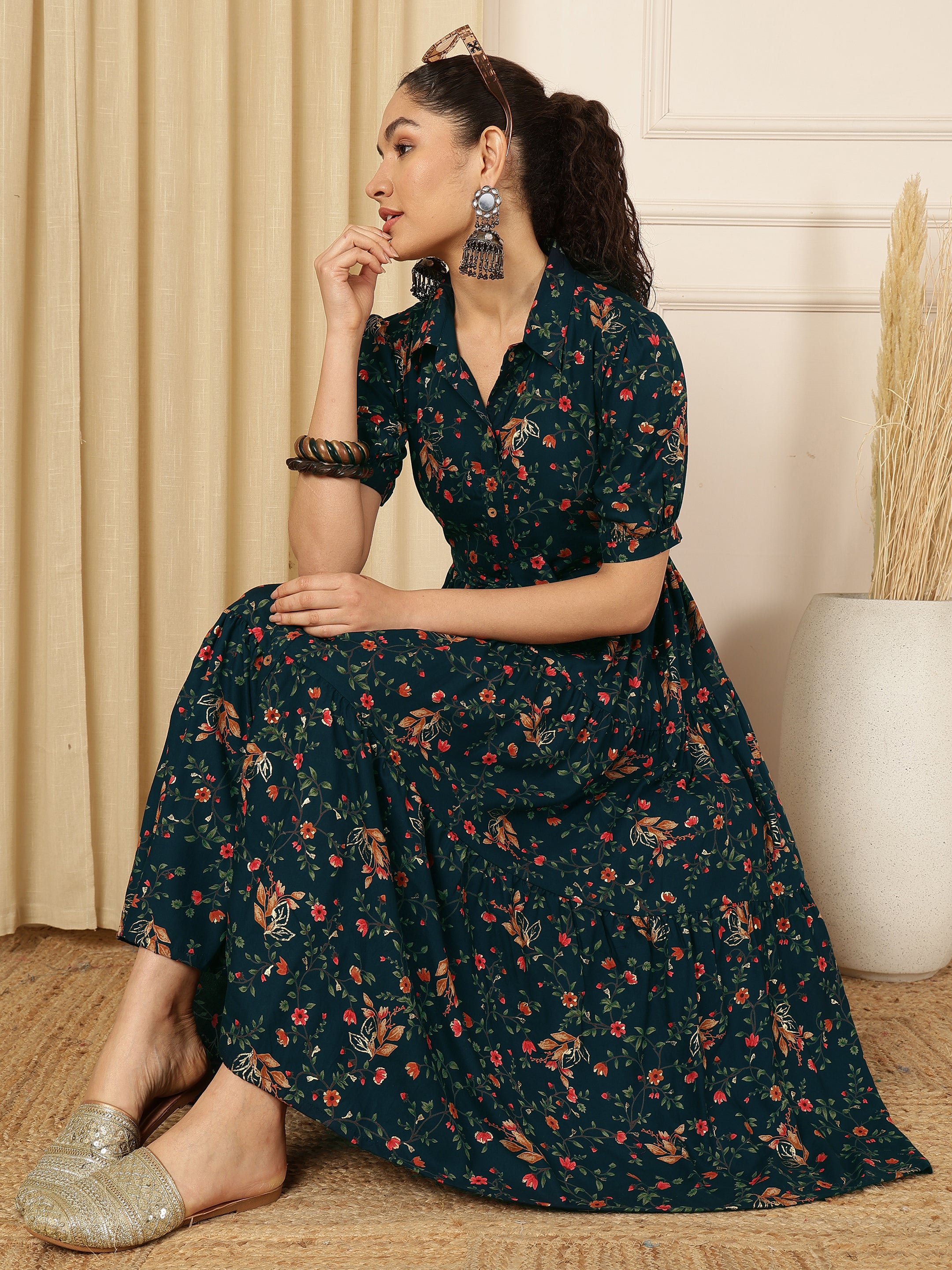 Midnight Teal Floral Printed Tiered Midi Dress