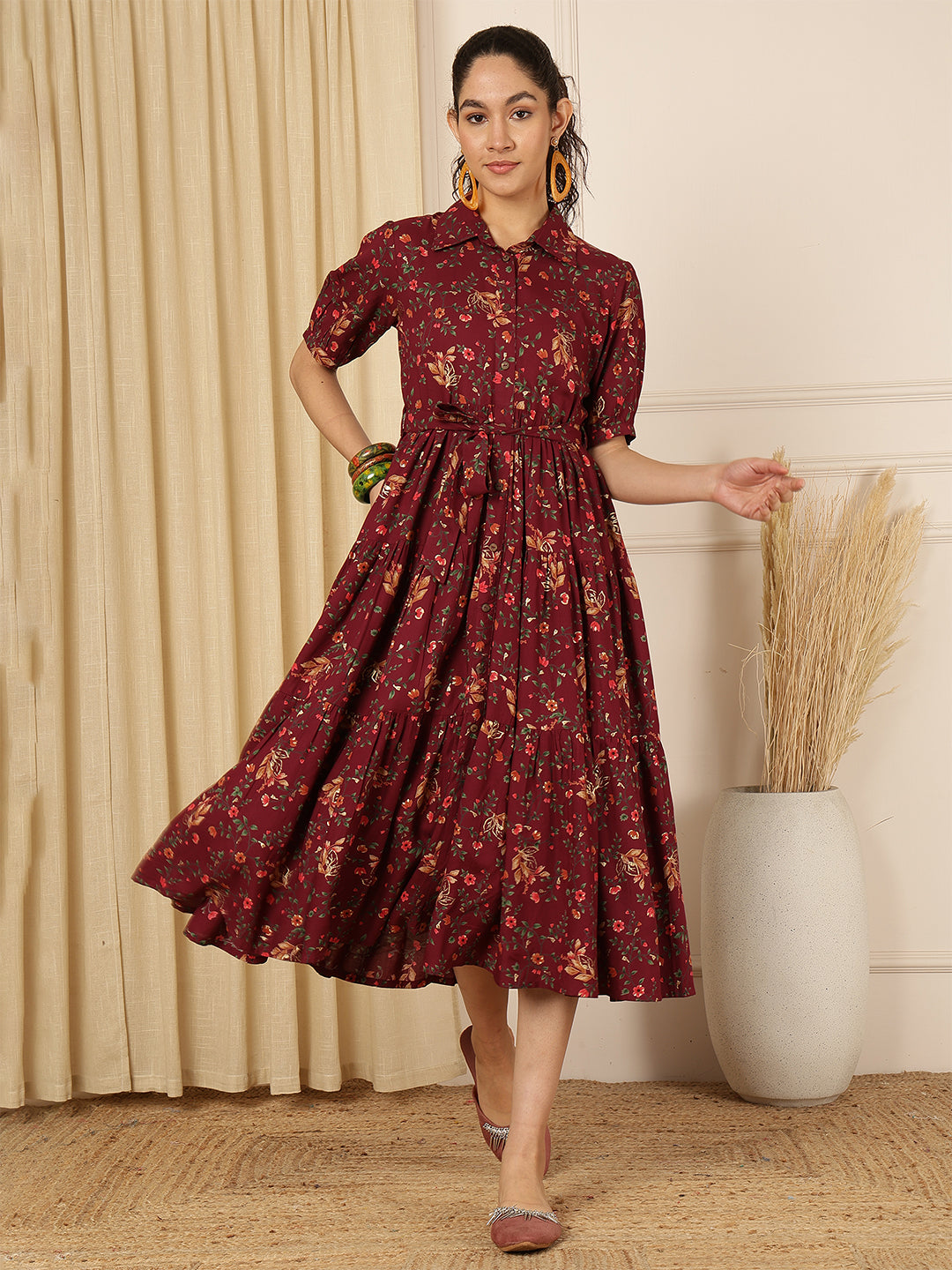 Wine Floral Printed Tiered Midi Dress