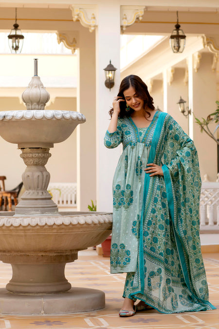 Aqua Blue Floral Printed Anarkali Kurta Set with Dupatta