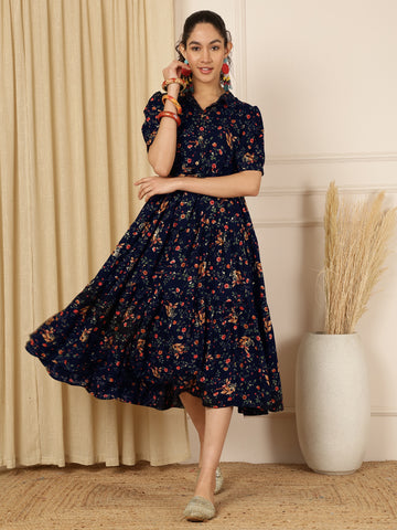 Midnight Navy Floral Printed Tiered Midi Dress