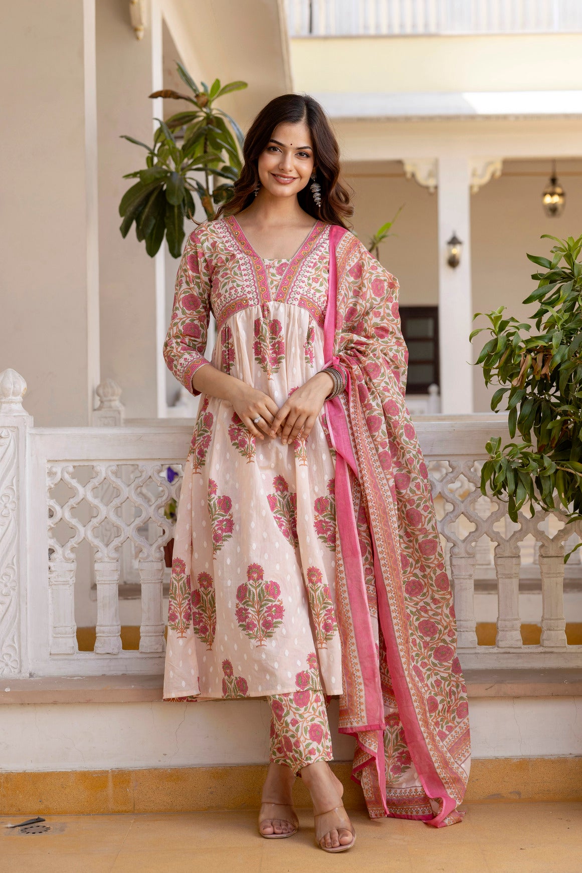 Blush Pink Floral Printed Anarkali Kurta Set