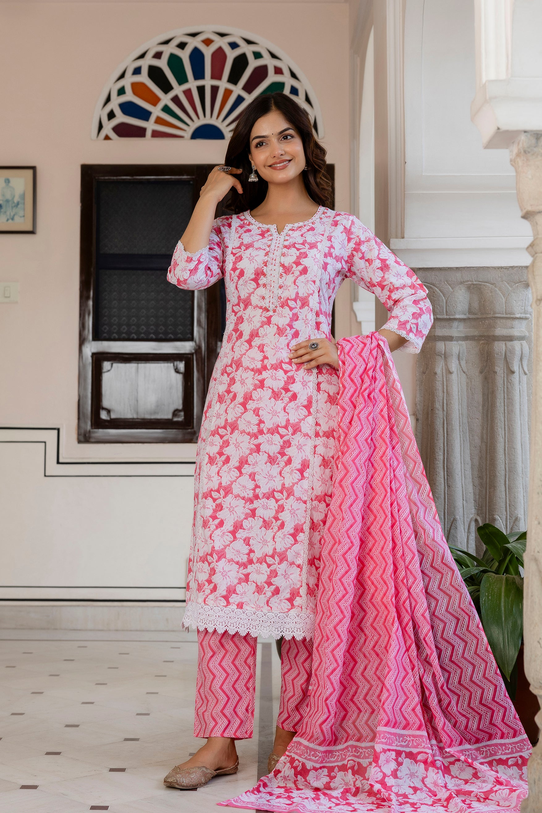 Blush Pink Floral Printed Kurta Set with Dupatta