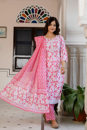Blush Pink Floral Printed Kurta Set with Dupatta