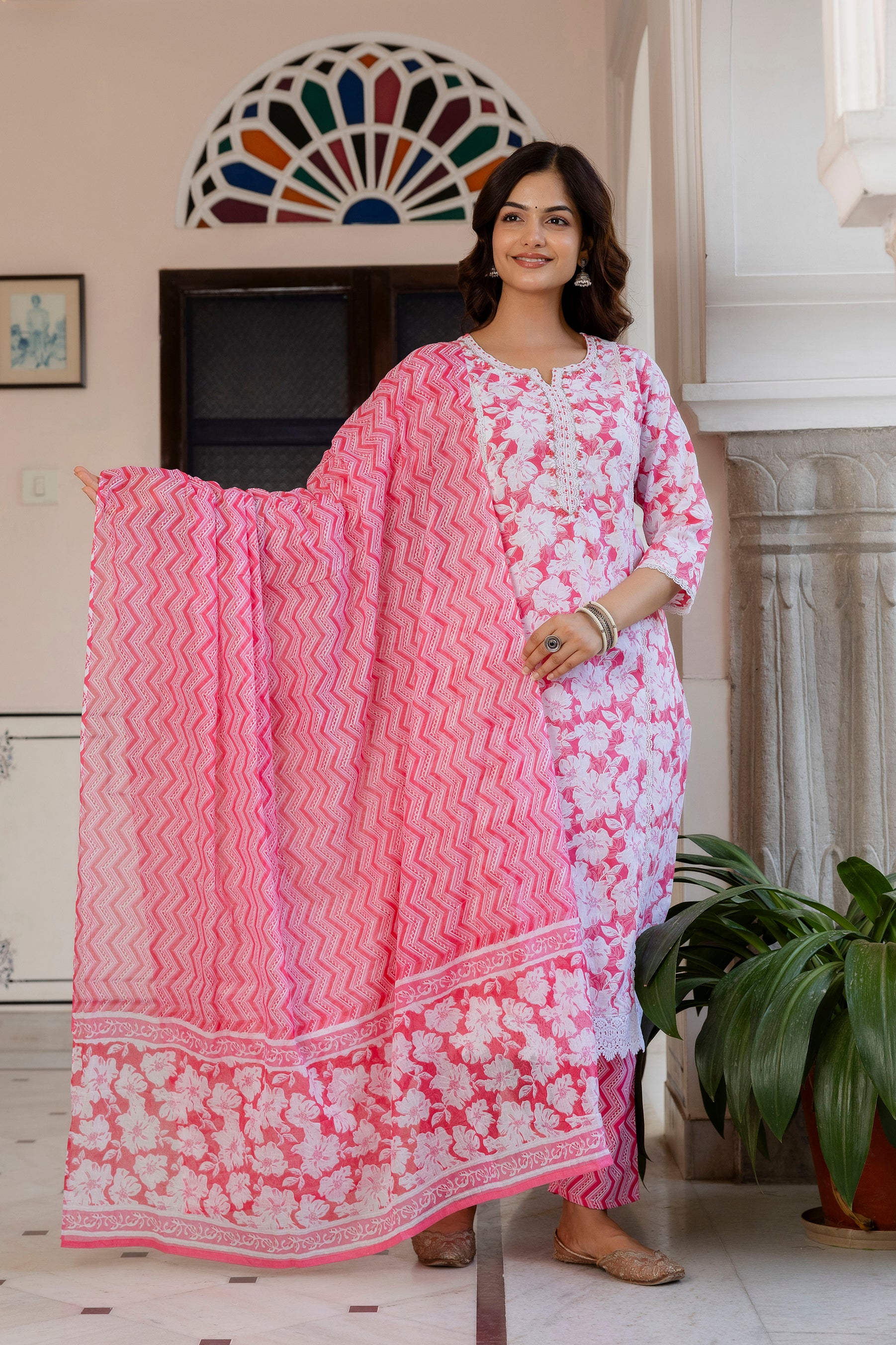 Blush Pink Floral Printed Kurta Set with Dupatta