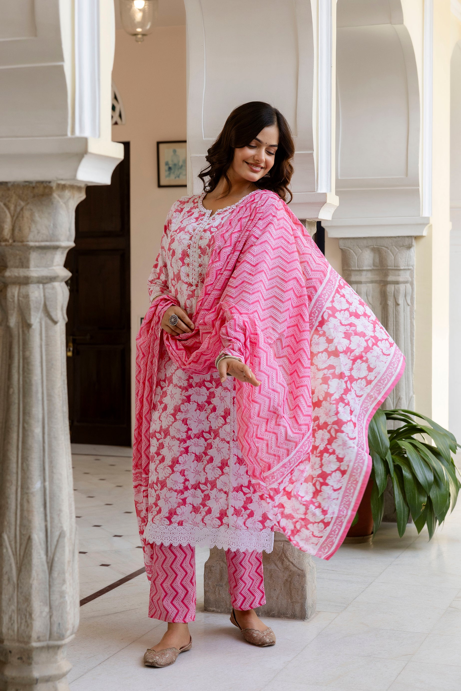 Blush Pink Floral Printed Kurta Set with Dupatta