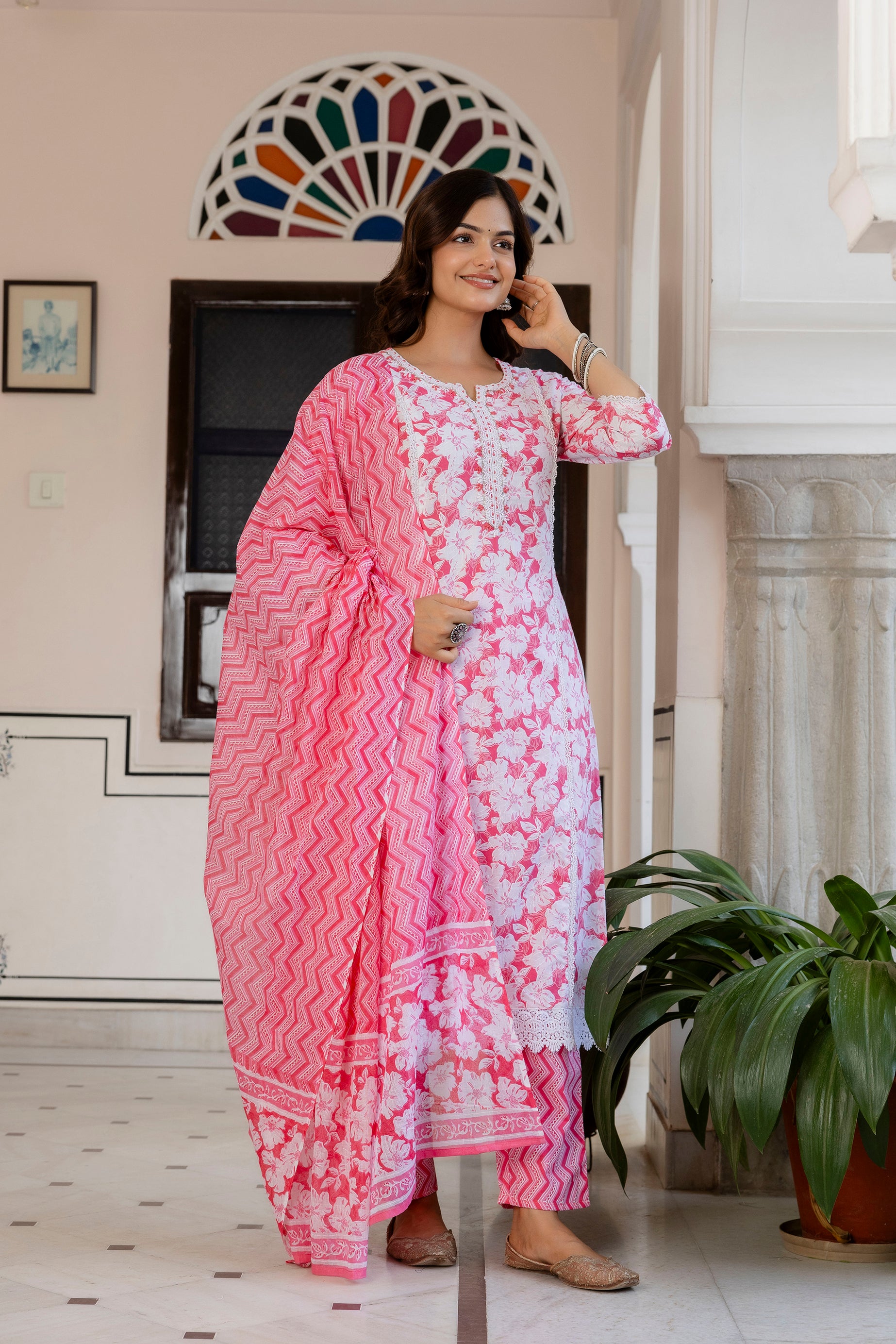 Blush Pink Floral Printed Kurta Set with Dupatta