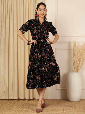 Classic Black Floral Printed Tiered Midi Dress