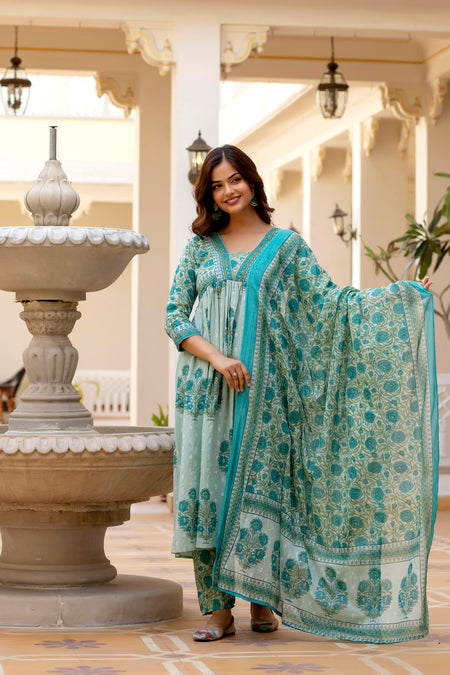 Aqua Blue Floral Printed Anarkali Kurta Set with Dupatta
