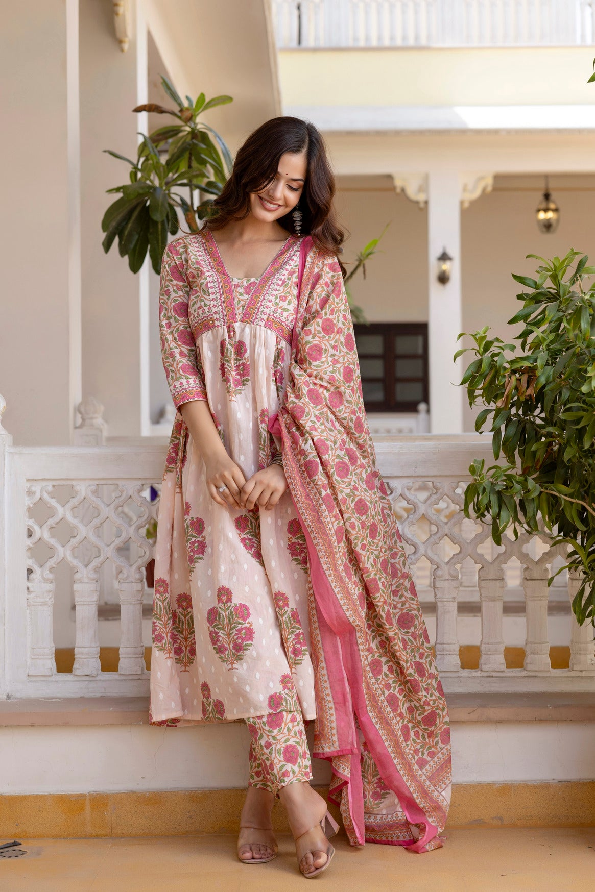 Blush Pink Floral Printed Anarkali Kurta Set
