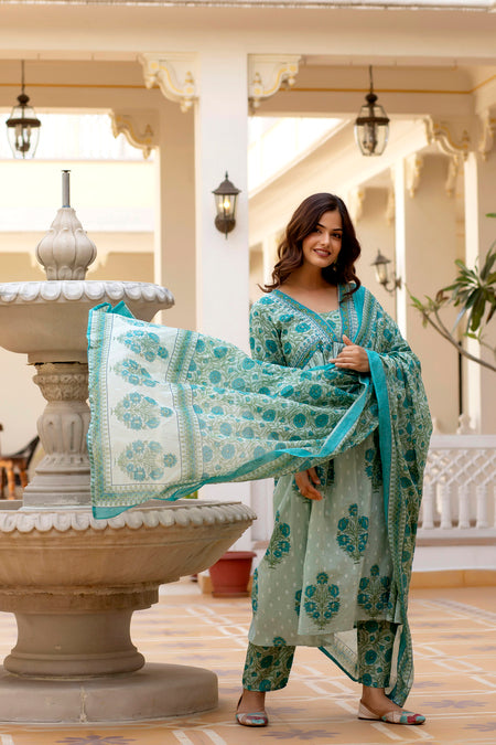 Aqua Blue Floral Printed Anarkali Kurta Set with Dupatta