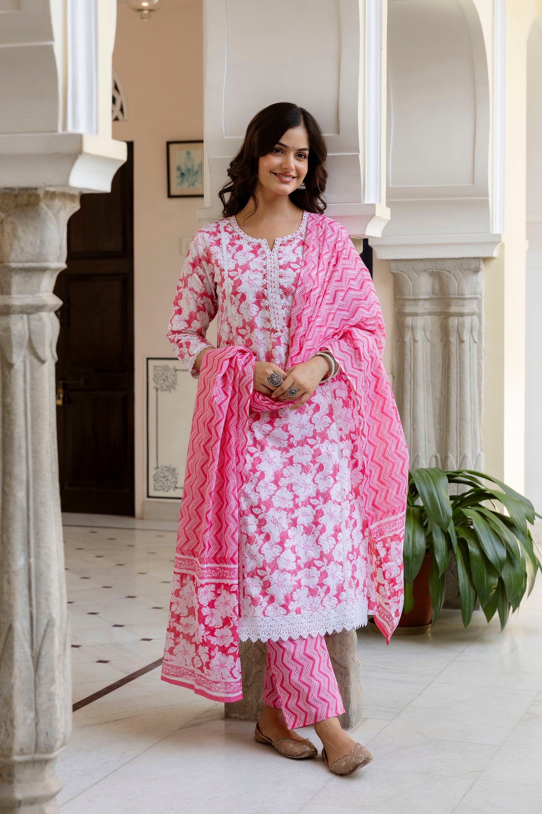 Blush Pink Floral Printed Kurta Set with Dupatta