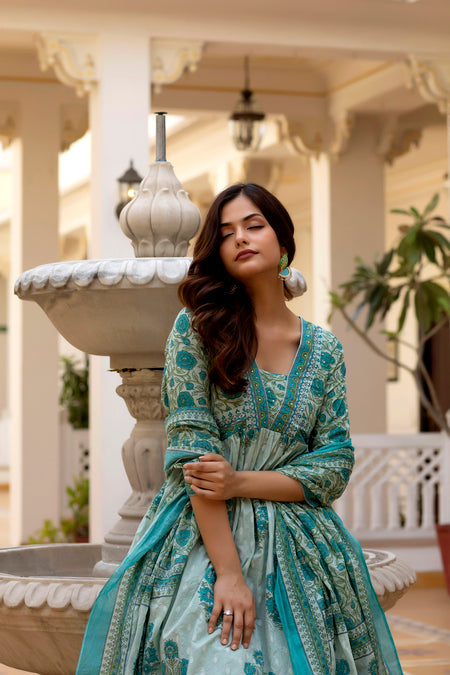 Aqua Blue Floral Printed Anarkali Kurta Set with Dupatta
