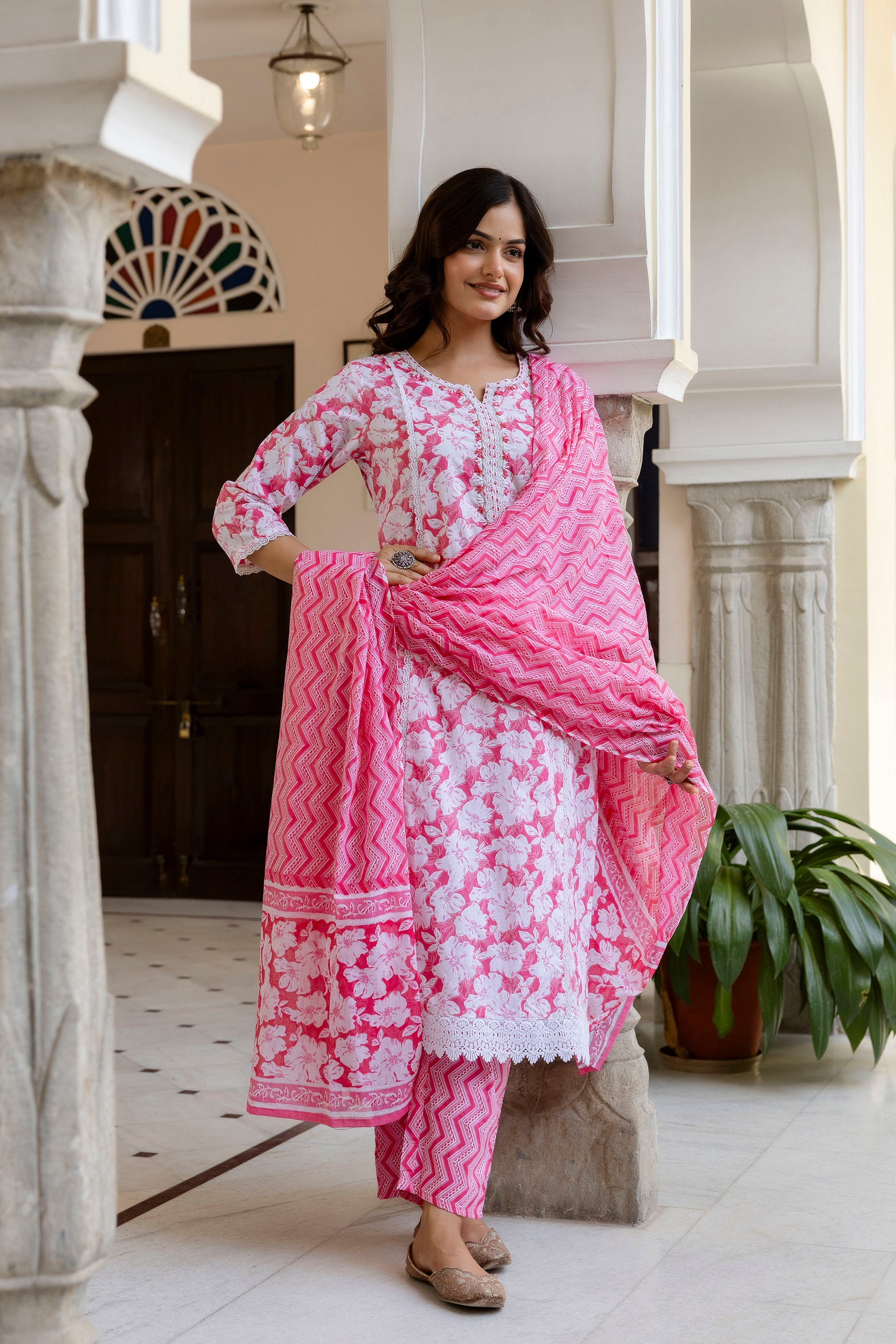 Blush Pink Floral Printed Kurta Set with Dupatta