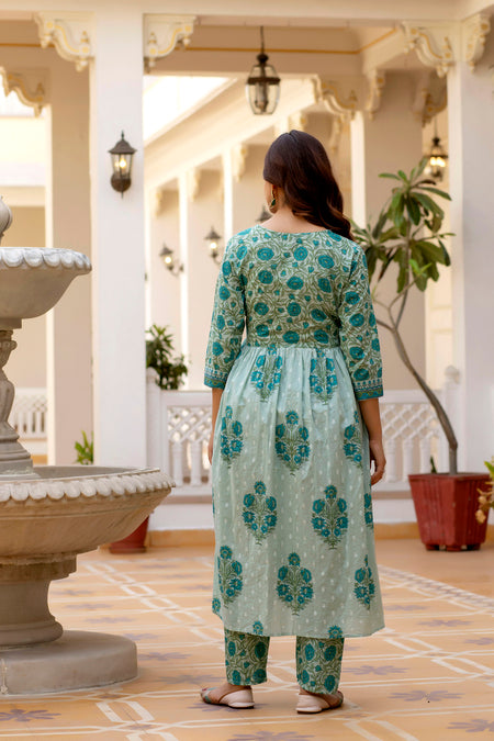 Aqua Blue Floral Printed Anarkali Kurta Set with Dupatta