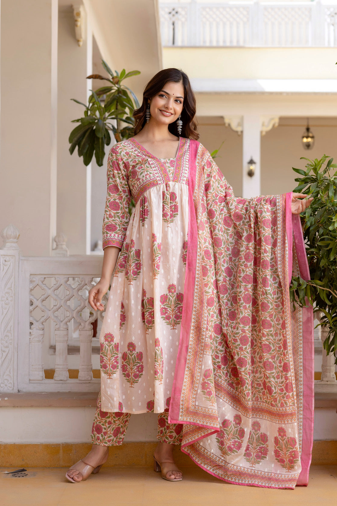 Blush Pink Floral Printed Anarkali Kurta Set