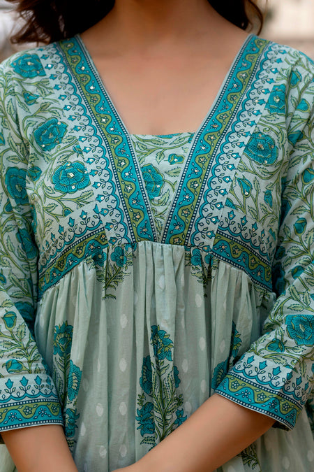 Aqua Blue Floral Printed Anarkali Kurta Set with Dupatta