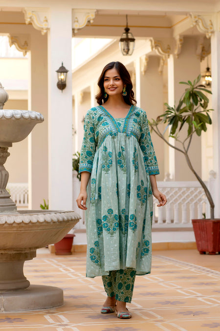 Aqua Blue Floral Printed Anarkali Kurta Set with Dupatta