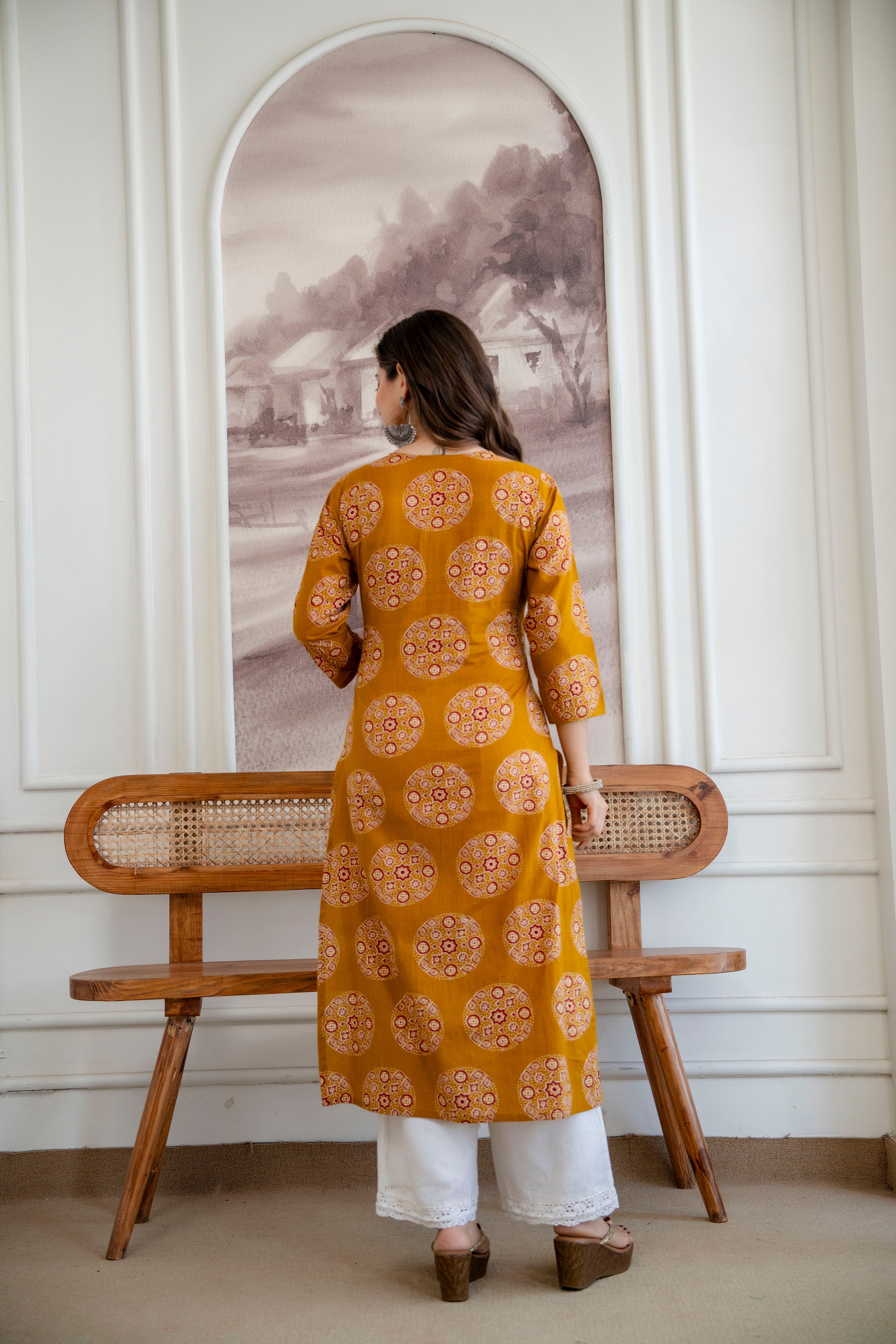 Mustard Yellow Ajrakh Print Cotton Kurti
