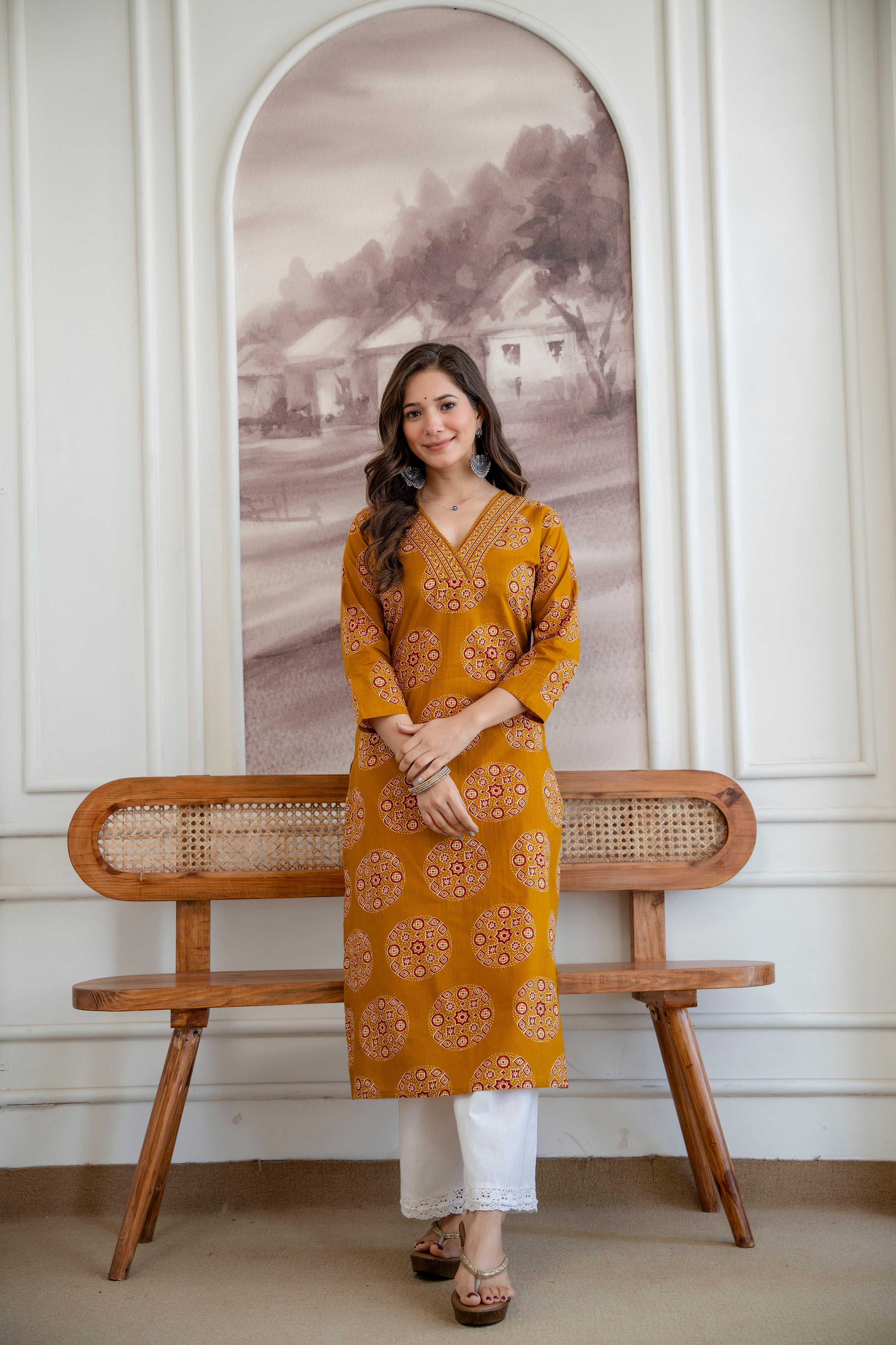 Mustard Yellow Ajrakh Print Cotton Kurti