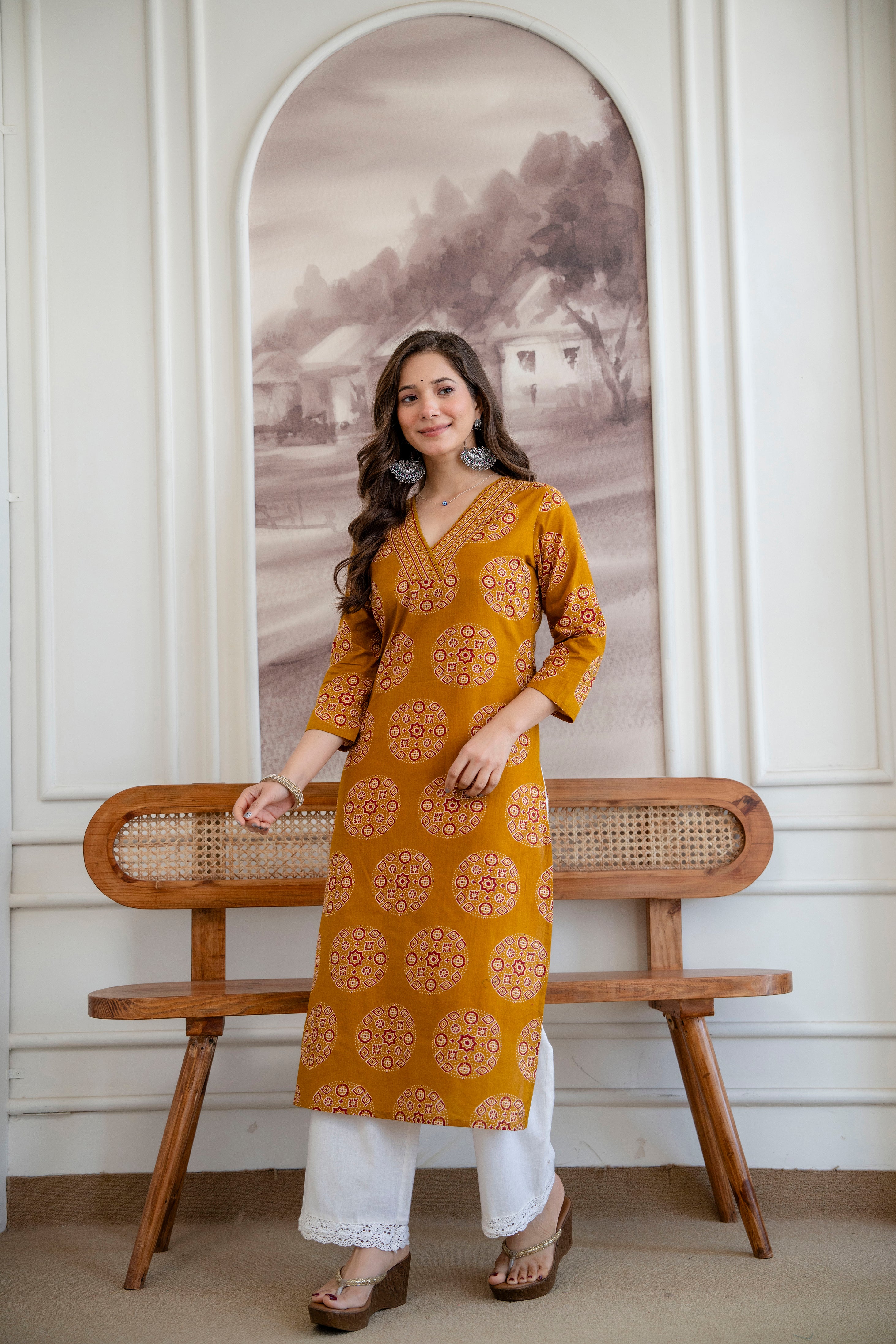 Mustard Yellow Ajrakh Print Cotton Kurti