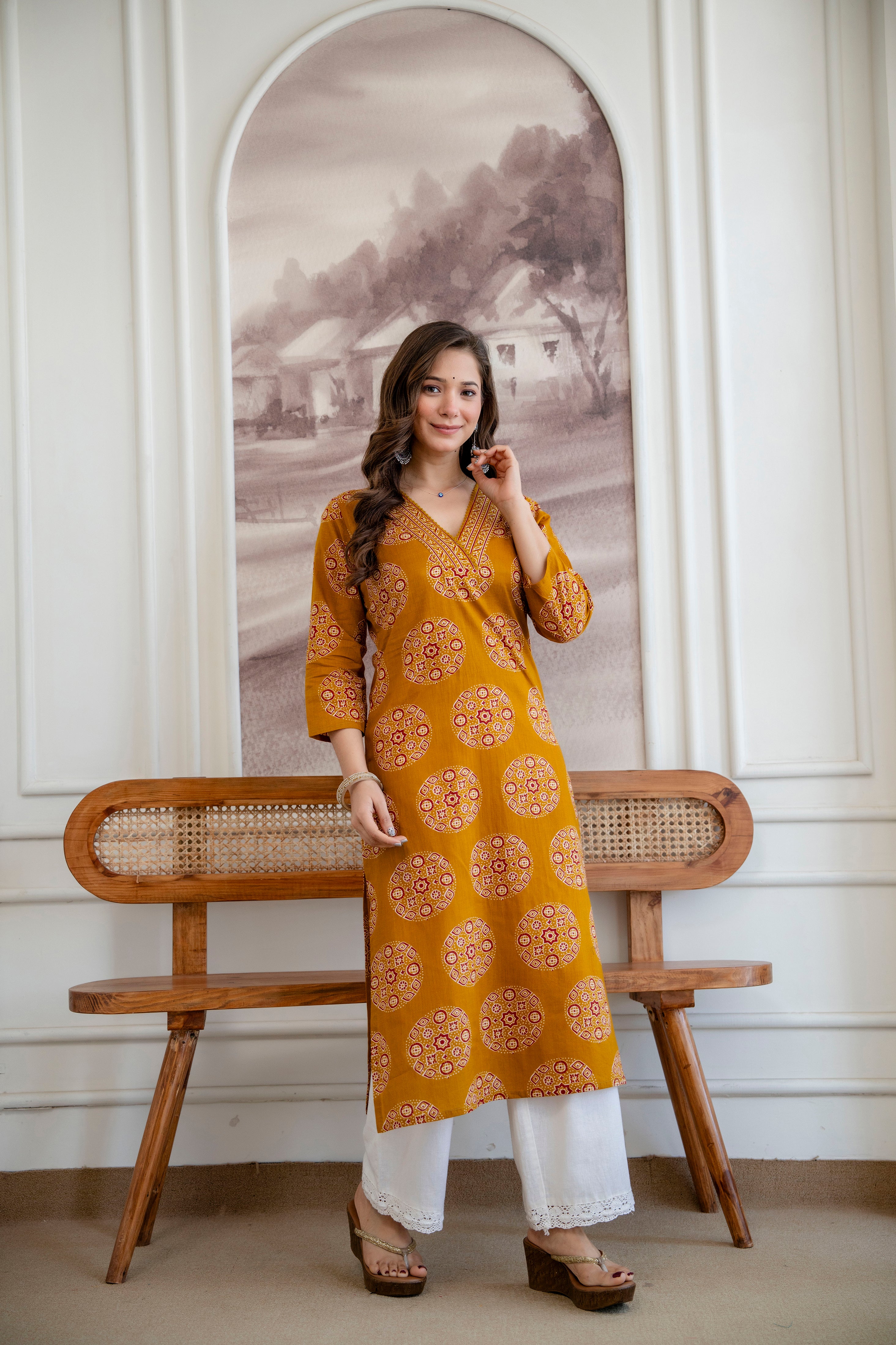 Mustard Yellow Ajrakh Print Cotton Kurti