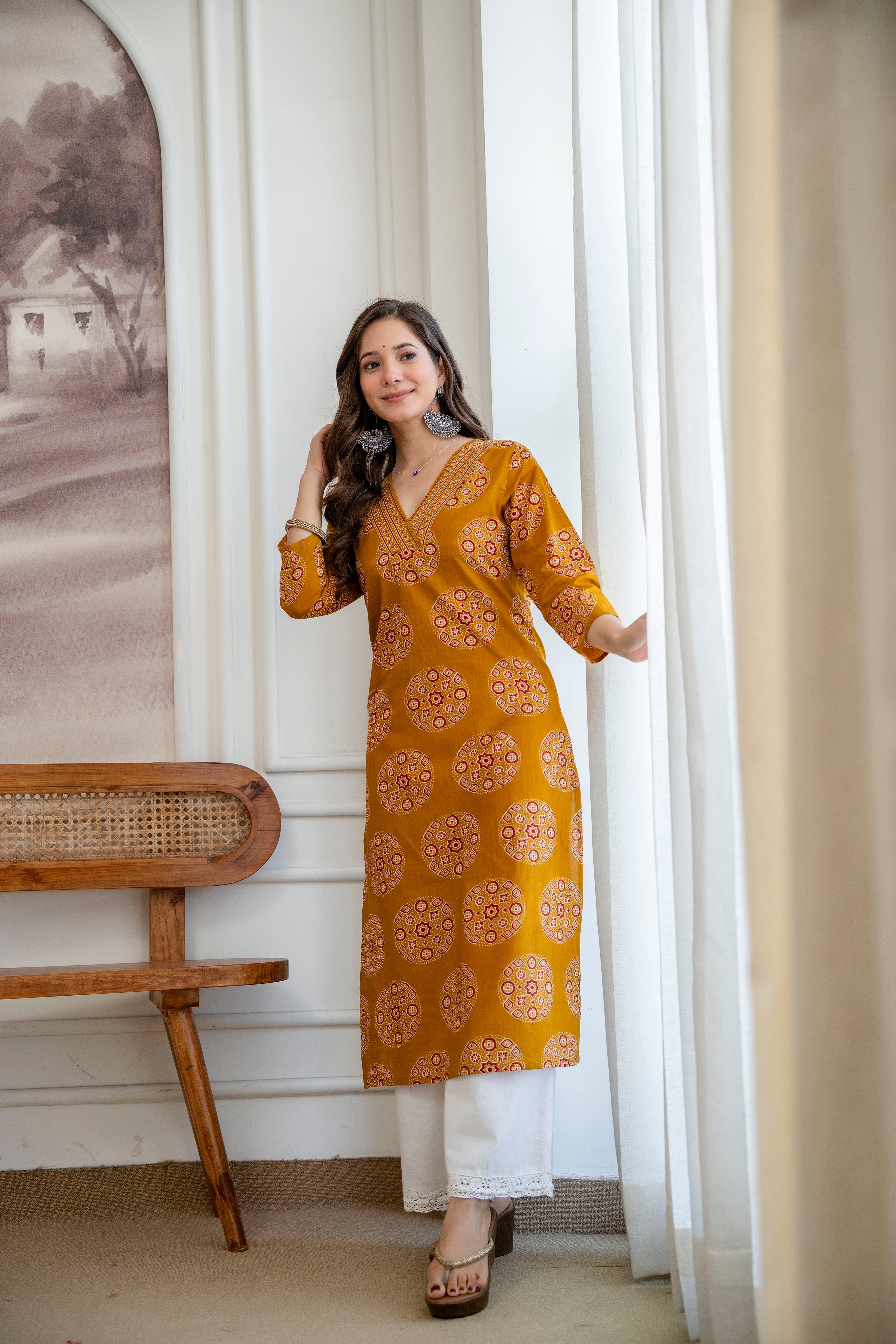 Mustard Yellow Ajrakh Print Cotton Kurti