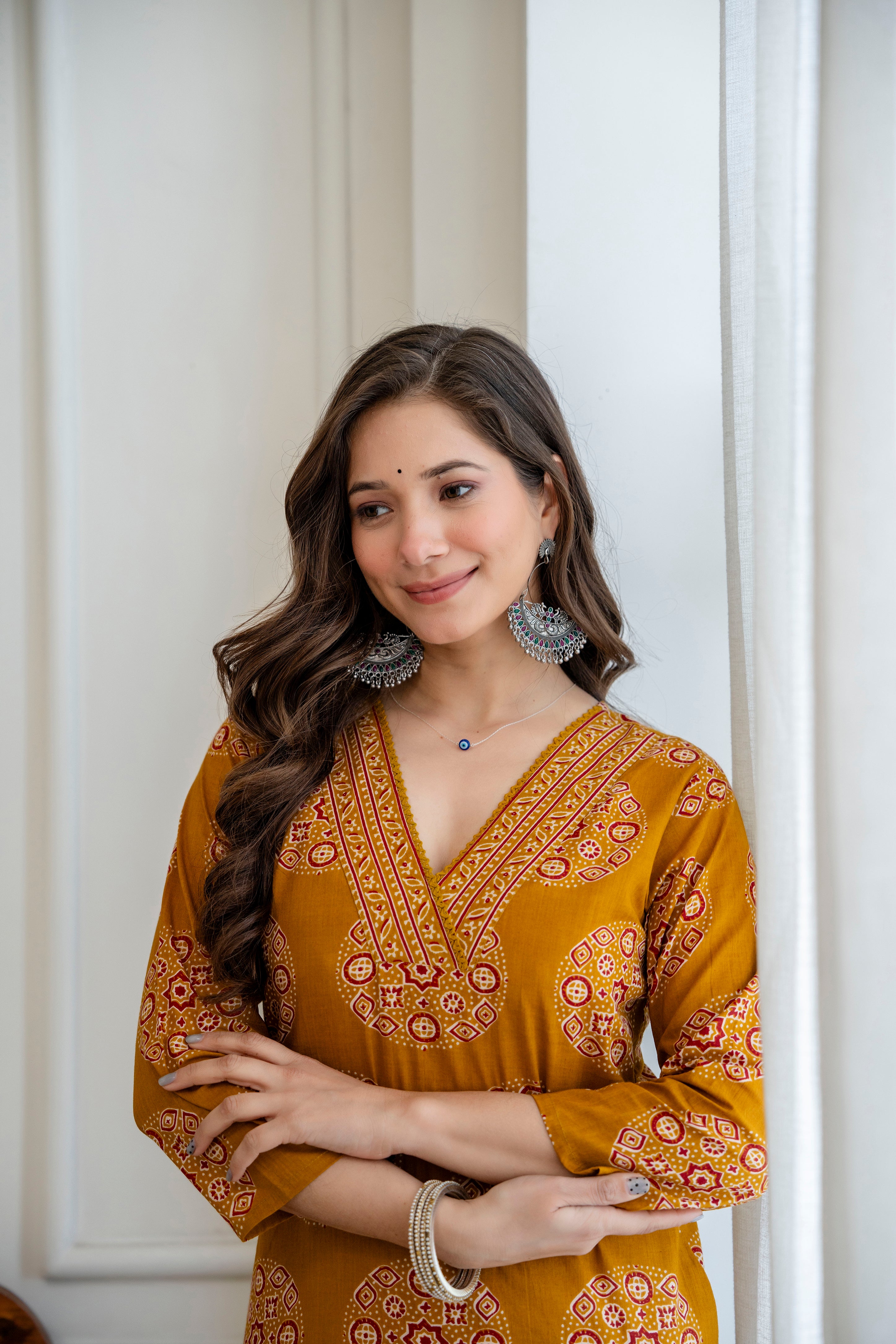 Mustard Yellow Ajrakh Print Cotton Kurti