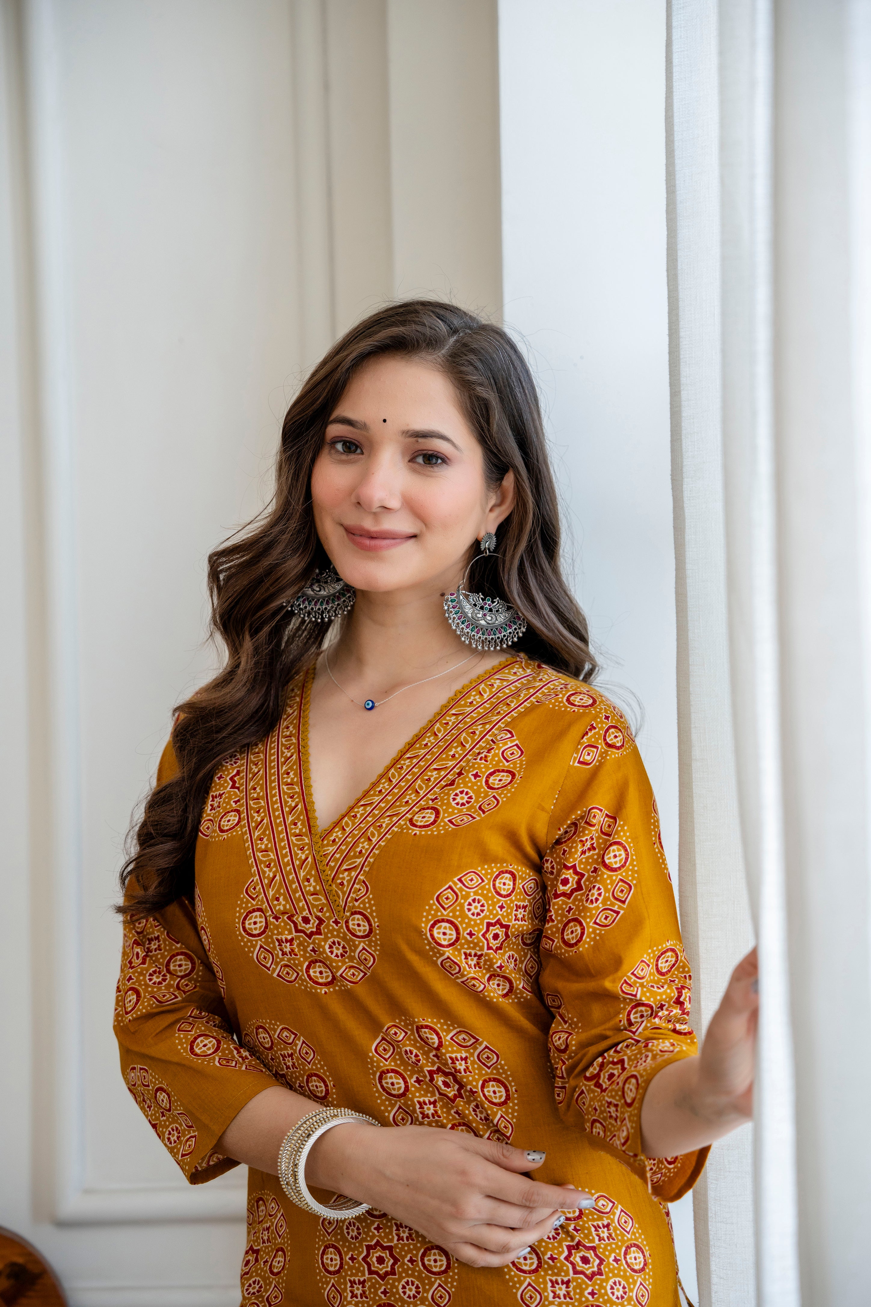 Mustard Yellow Ajrakh Print Cotton Kurti