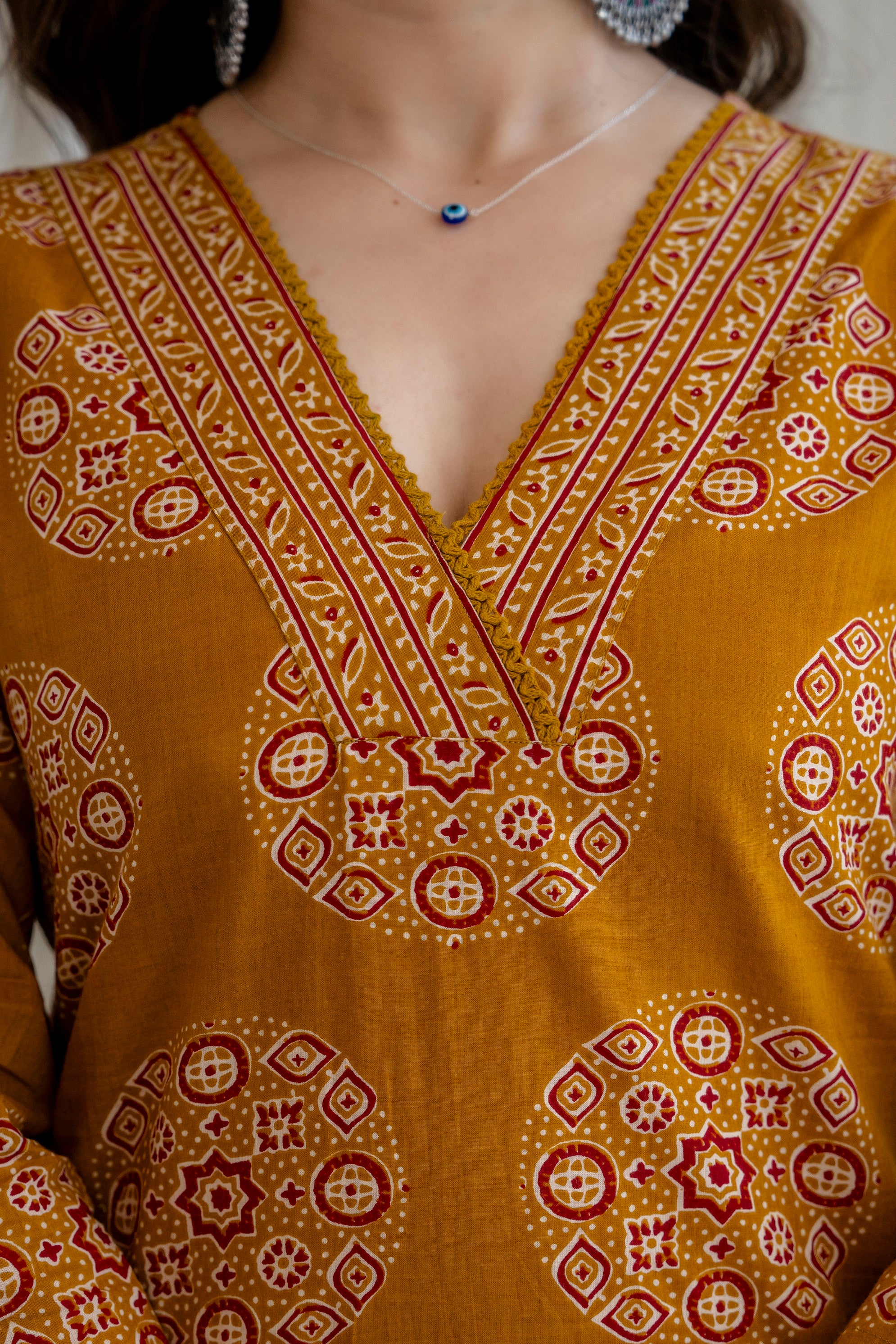Mustard Yellow Ajrakh Print Cotton Kurti
