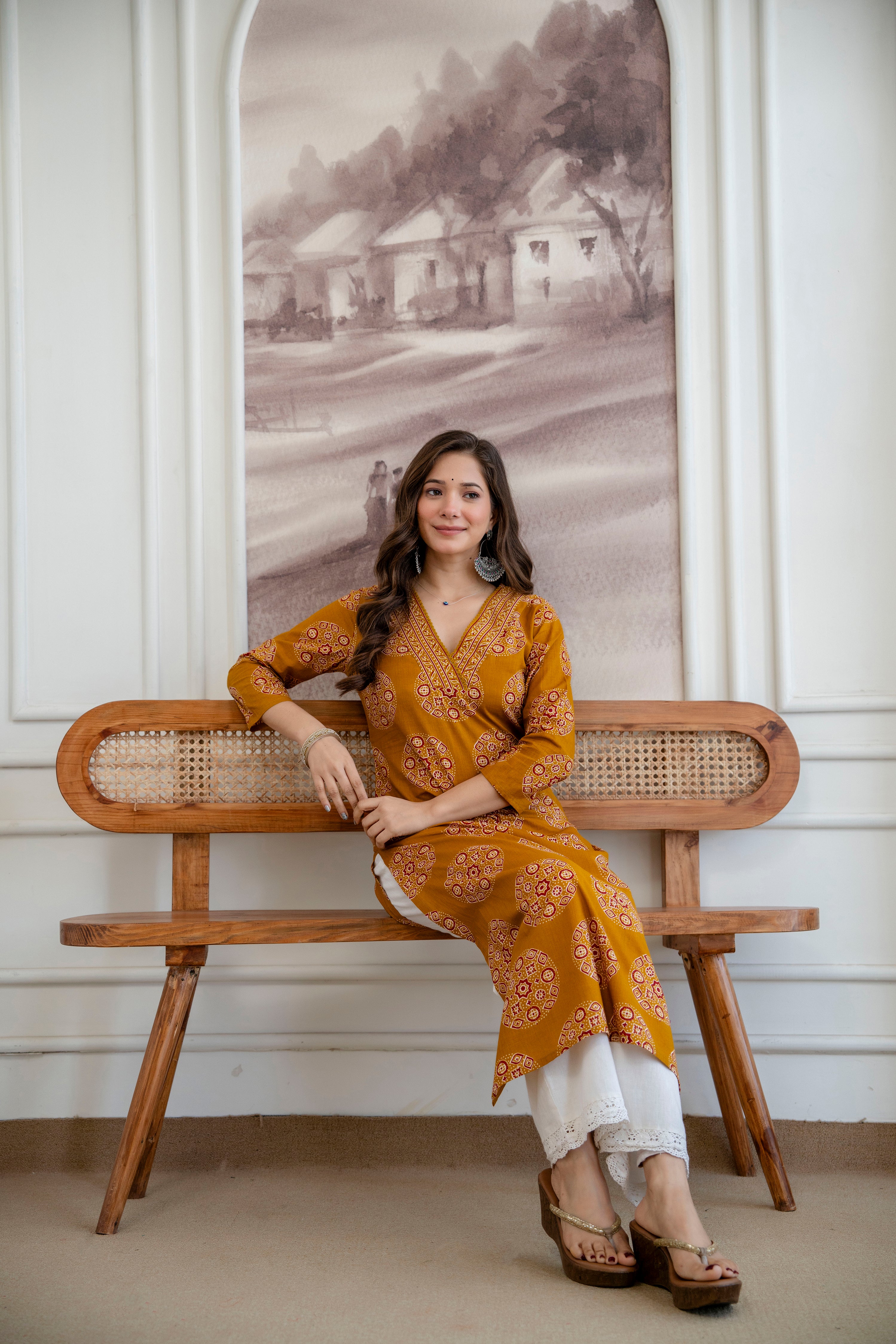 Mustard Yellow Ajrakh Print Cotton Kurti