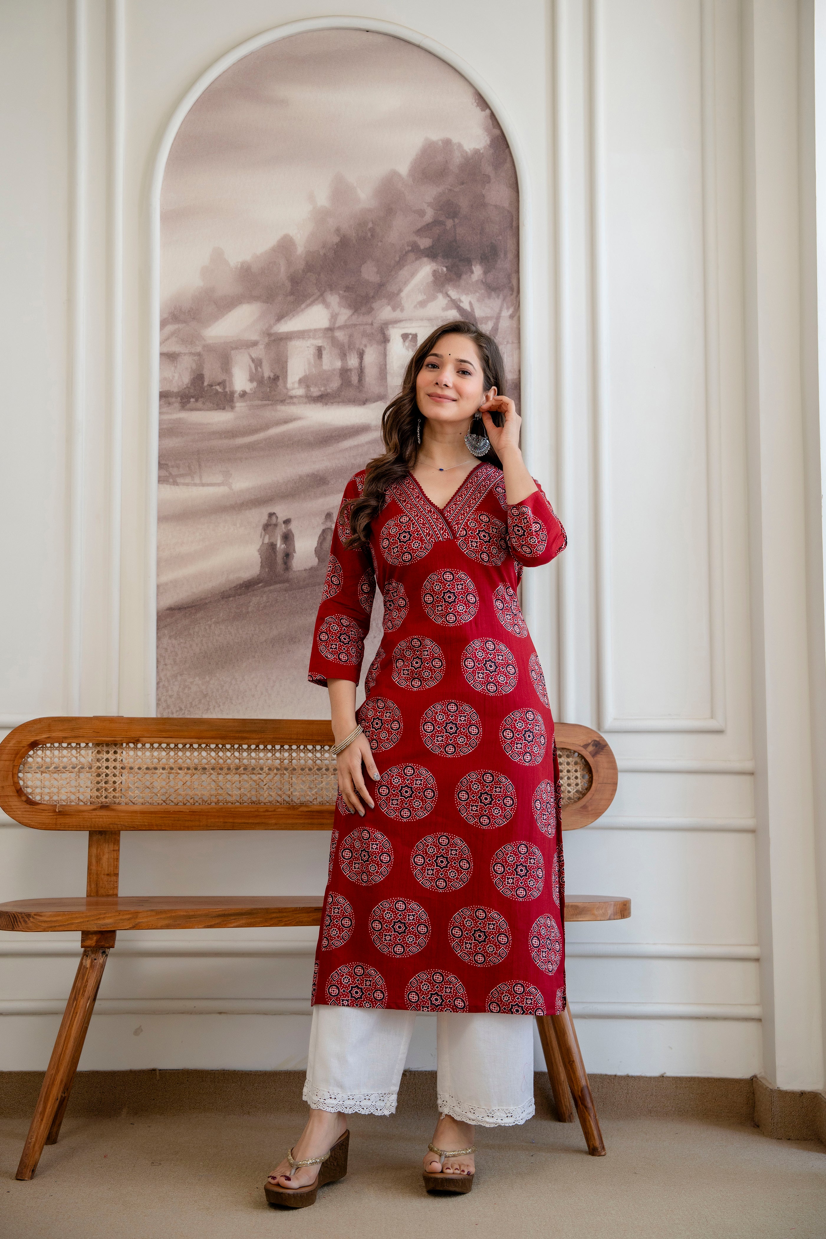 Ruby Red Ajrakh Print Cotton Kurti