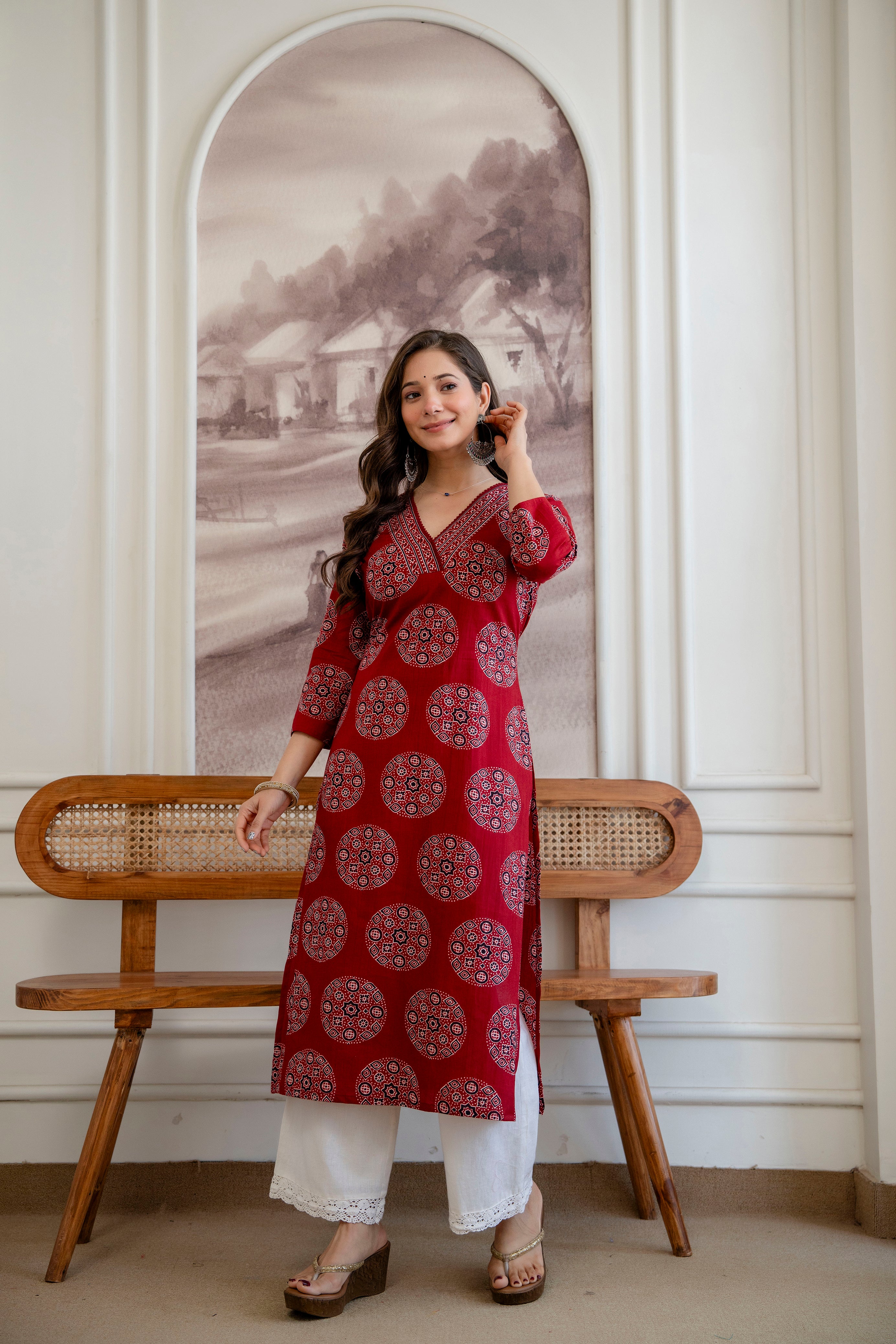 Ruby Red Ajrakh Print Cotton Kurti
