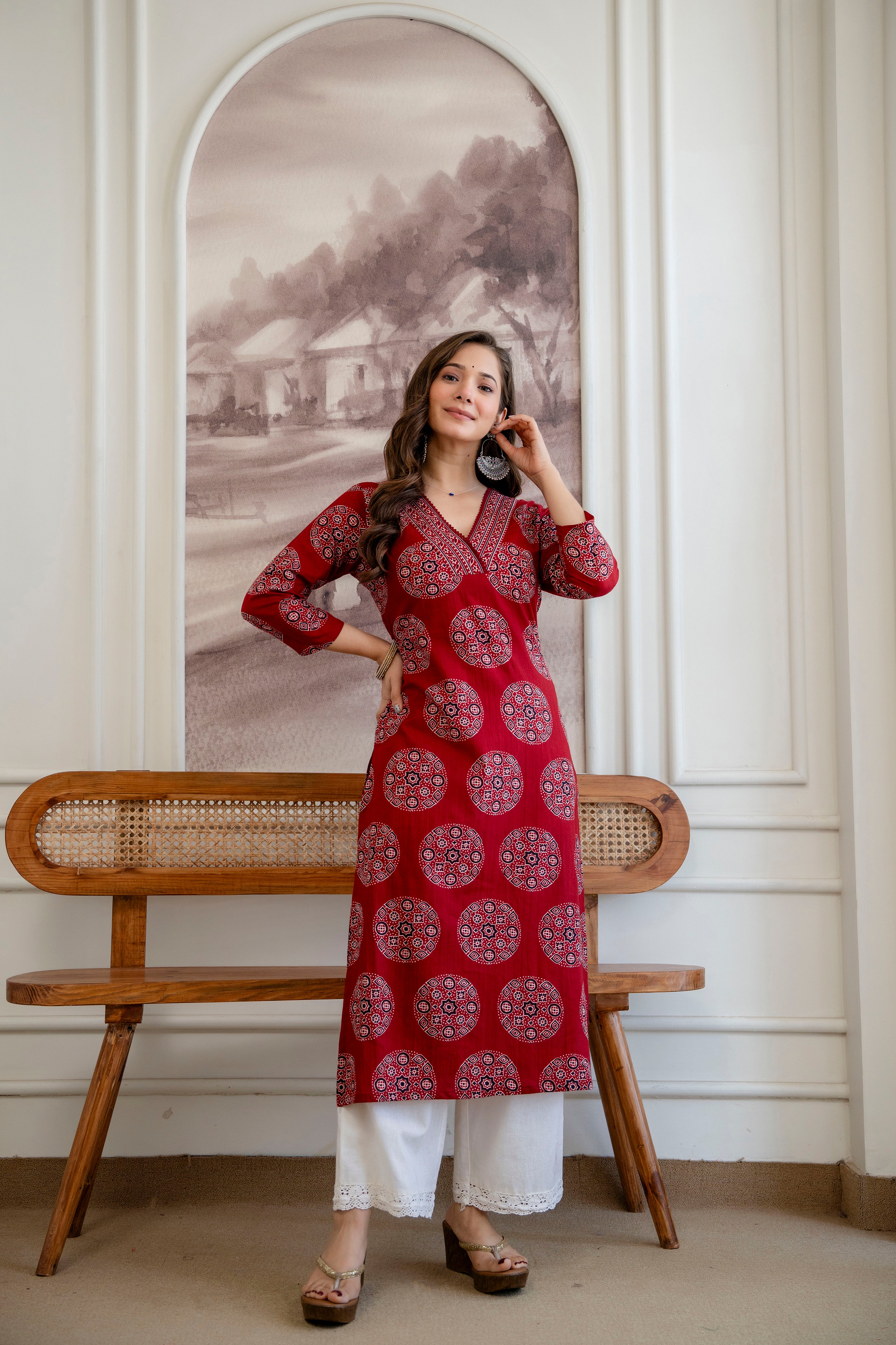 Ruby Red Ajrakh Print Cotton Kurti