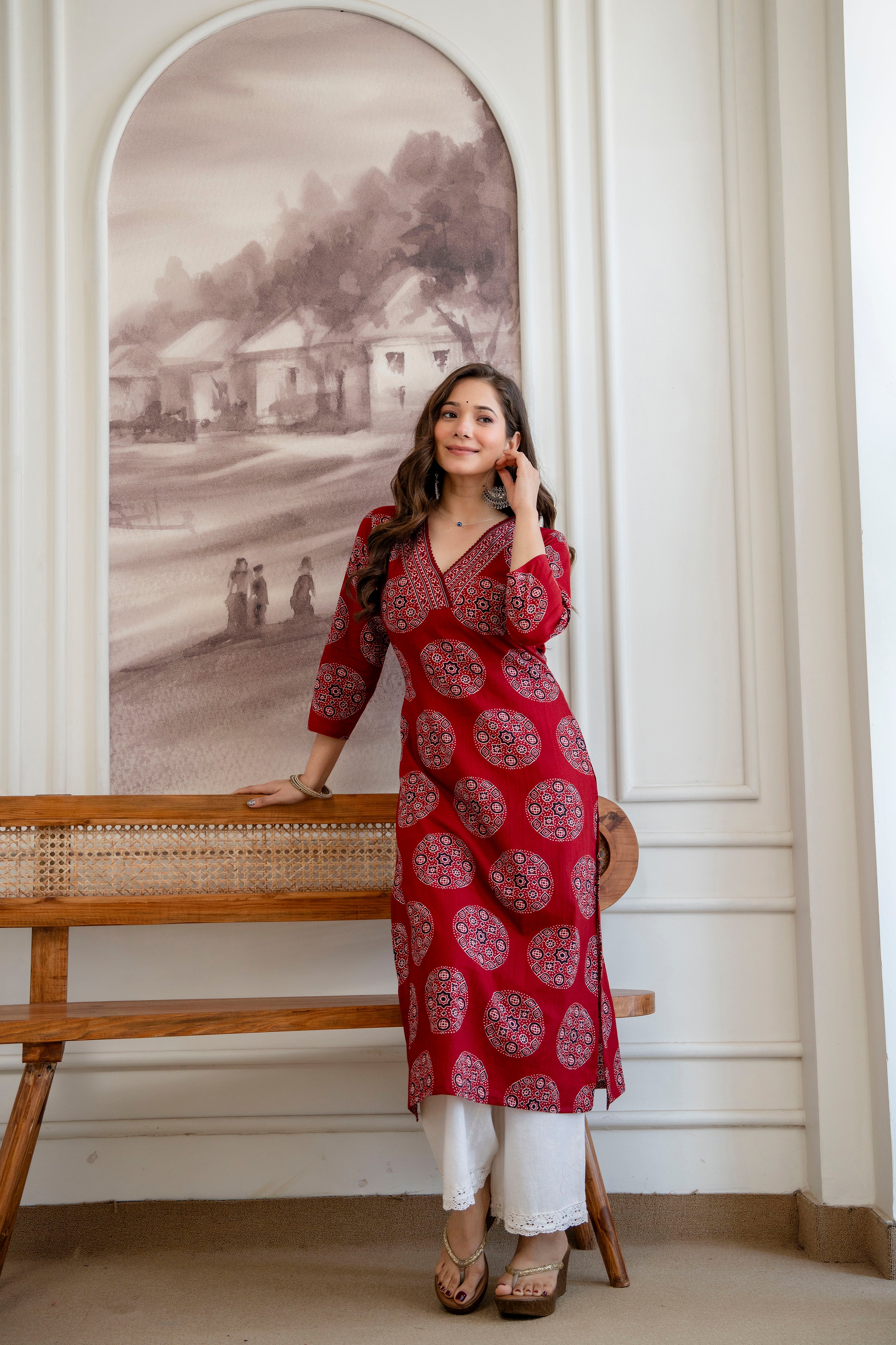 Ruby Red Ajrakh Print Cotton Kurti