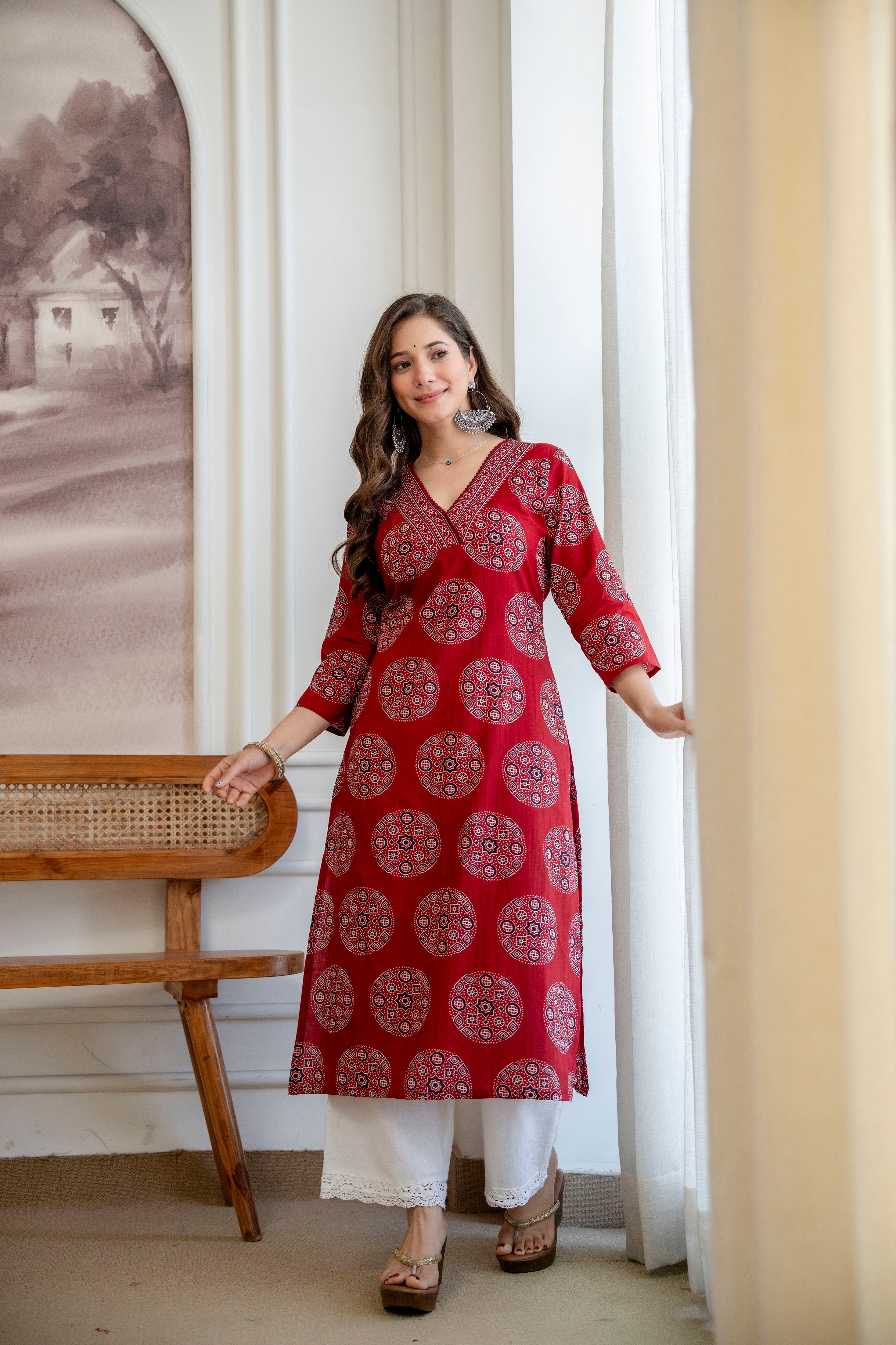 Ruby Red Ajrakh Print Cotton Kurti
