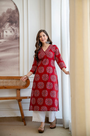 Ruby Red Ajrakh Print Cotton Kurti