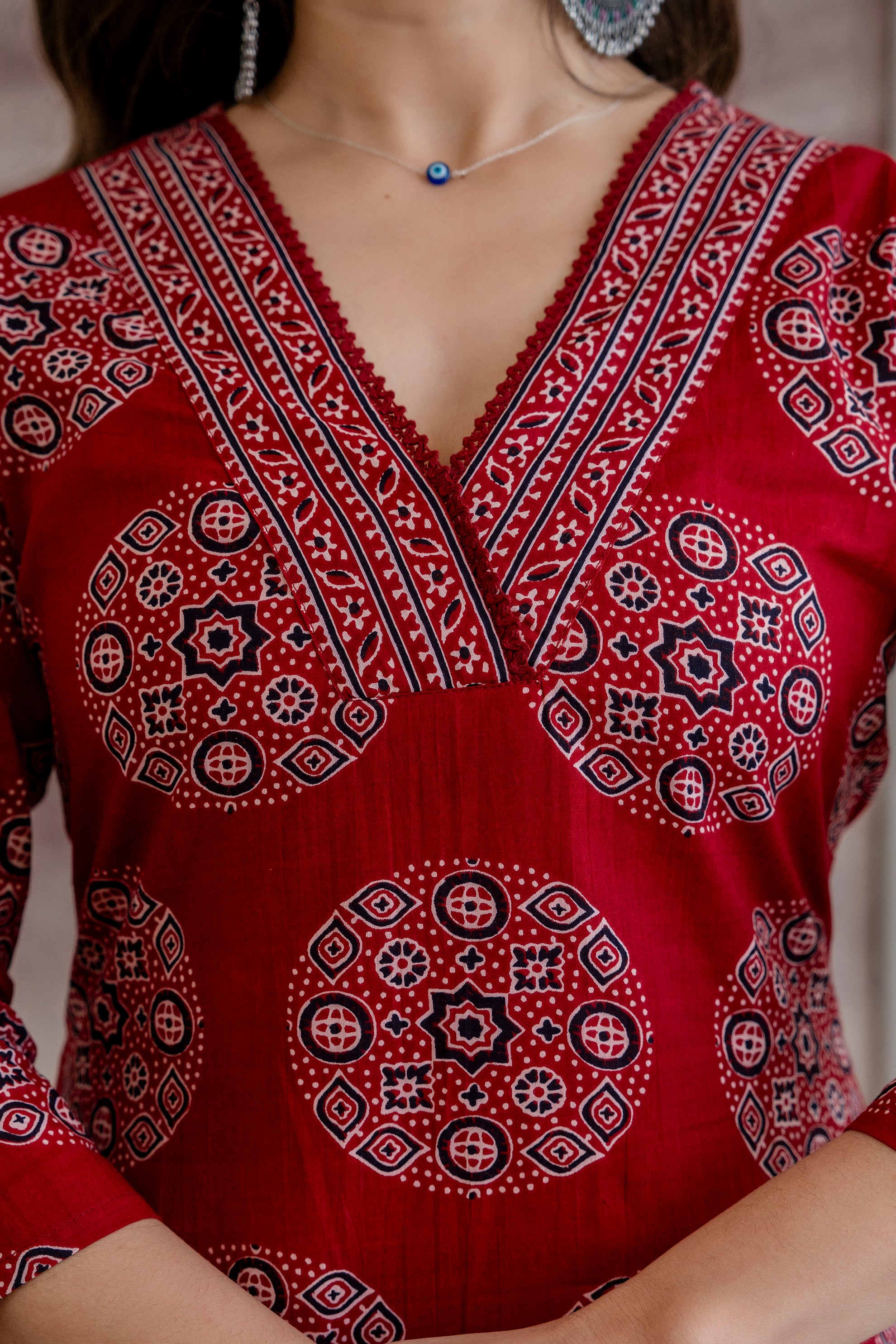 Ruby Red Ajrakh Print Cotton Kurti