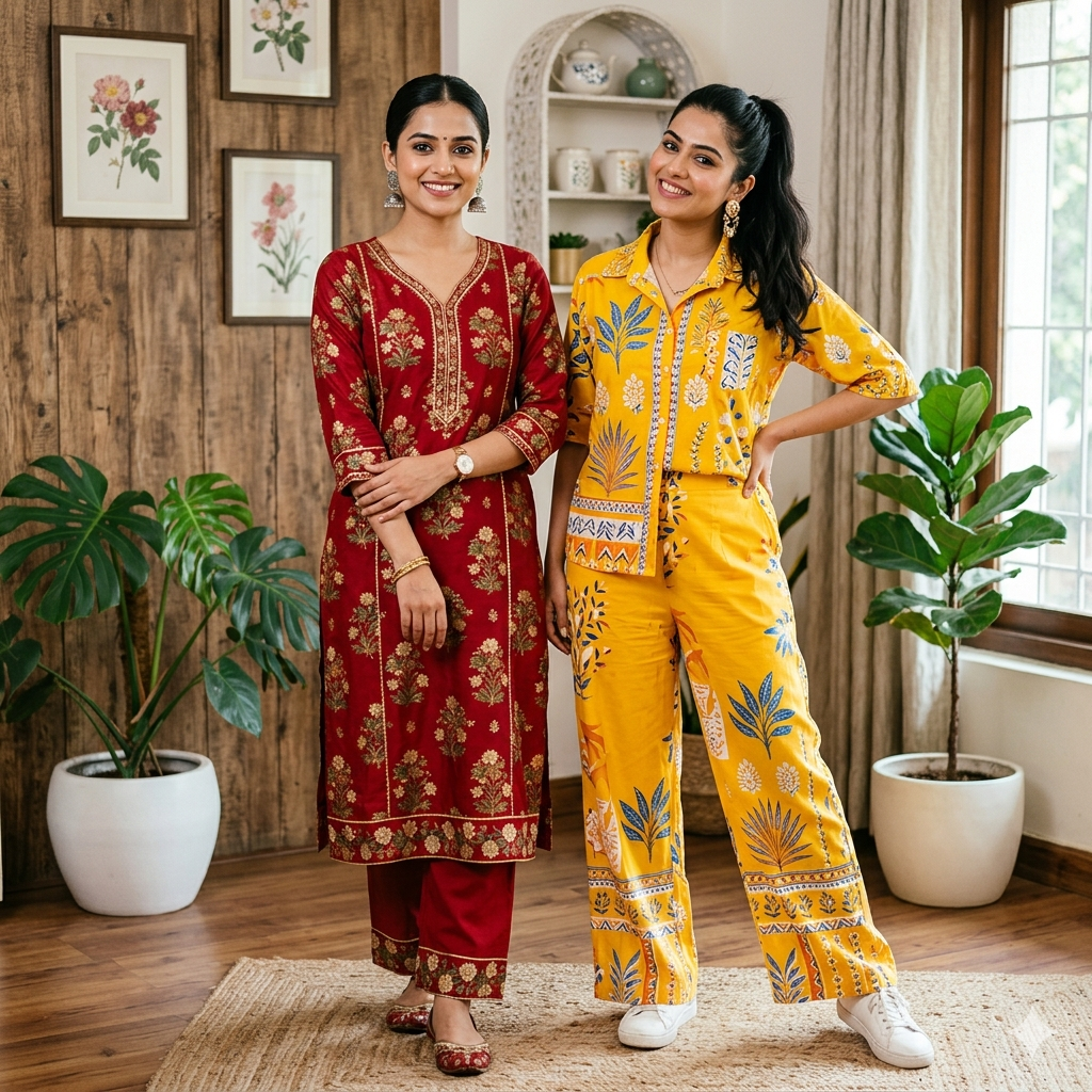 Blue Abstract Printed Cotton Blend Straight Suit Set With Dupatta